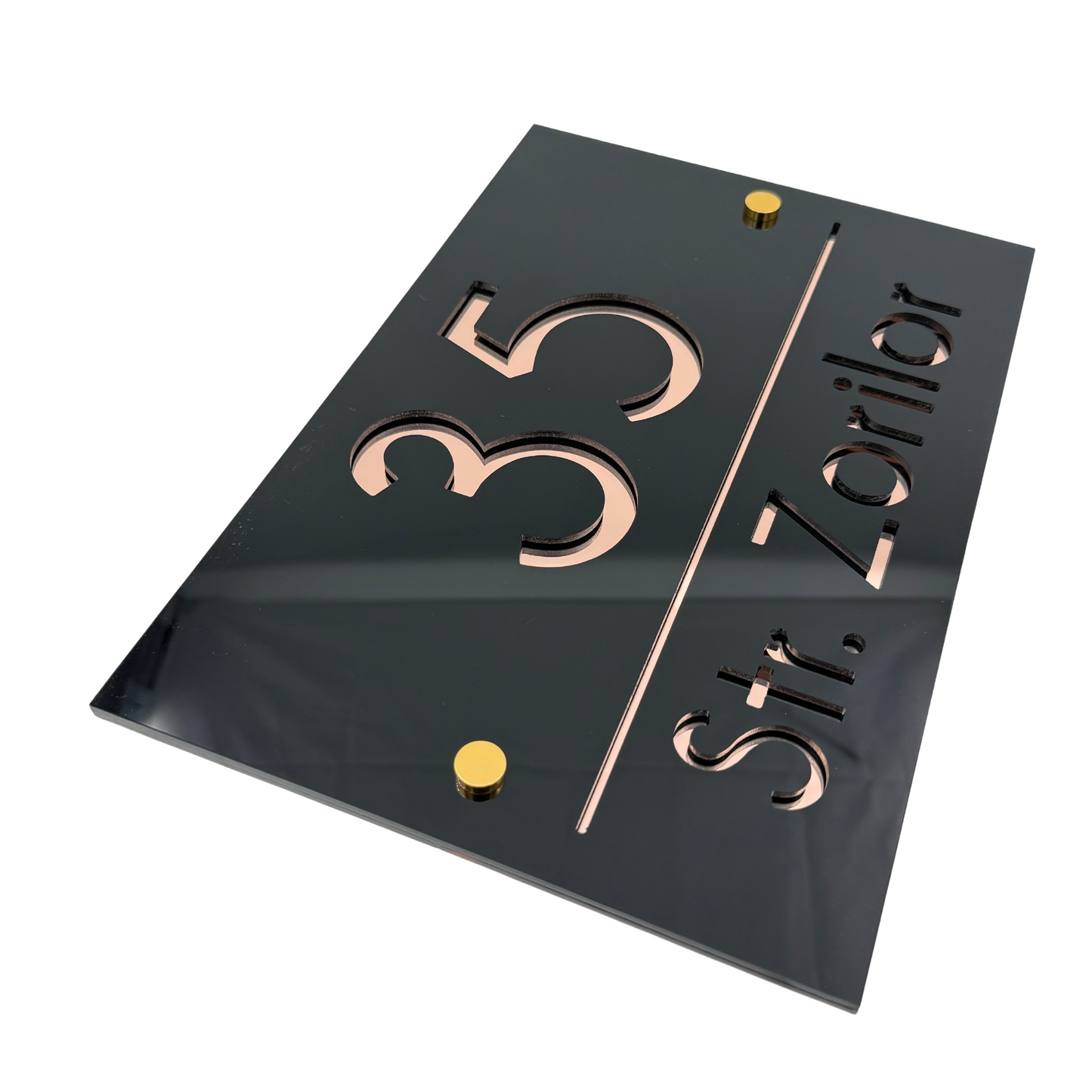 PREMIUM HOUSE NUMBER - Glossy Black Rose Gold Mirror 2 Spacers Gold - 30×20 cm
