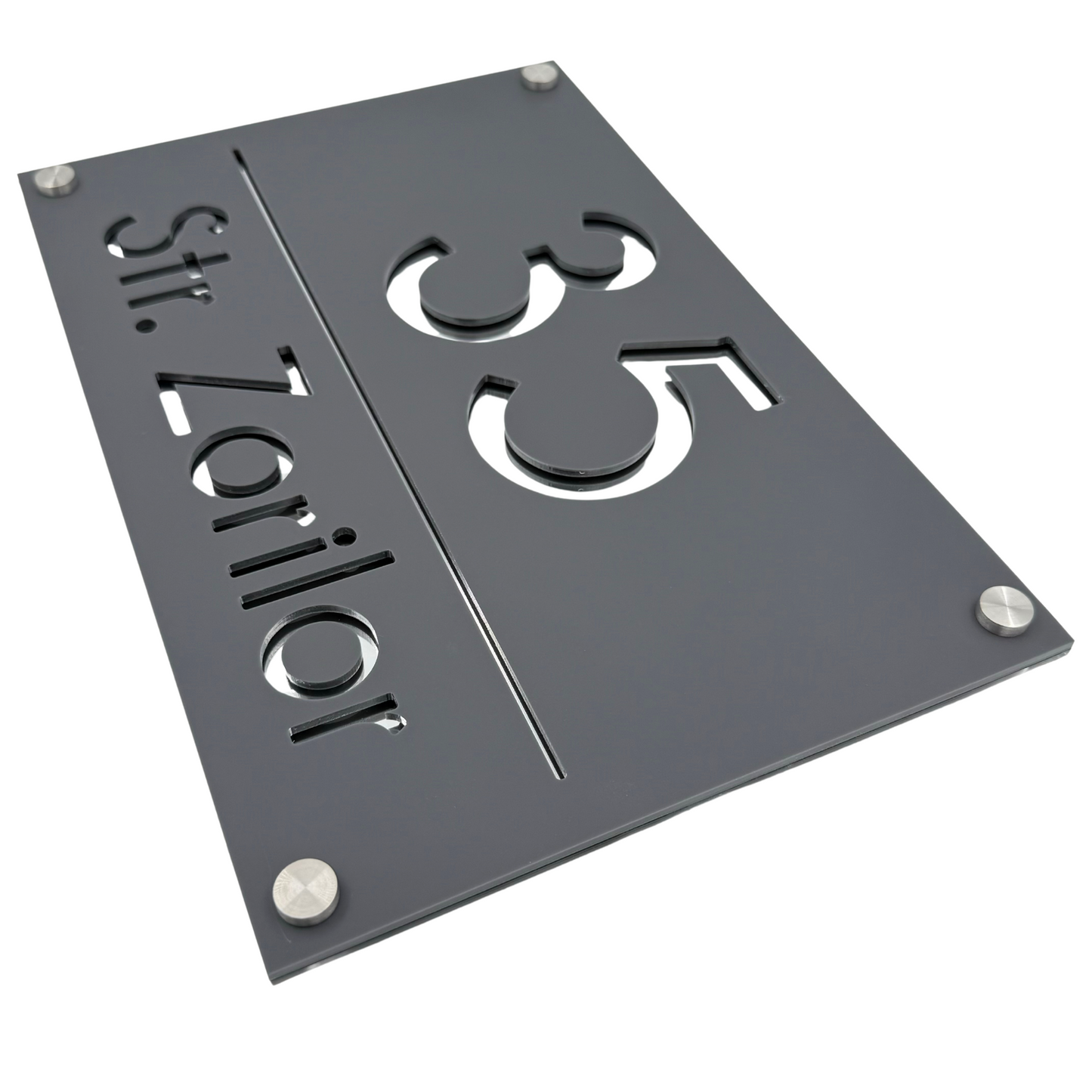 PREMIUM HOUSE NUMBER - Satin Grey Silver Mirror 4 Spacers Silver - 30×20 cm