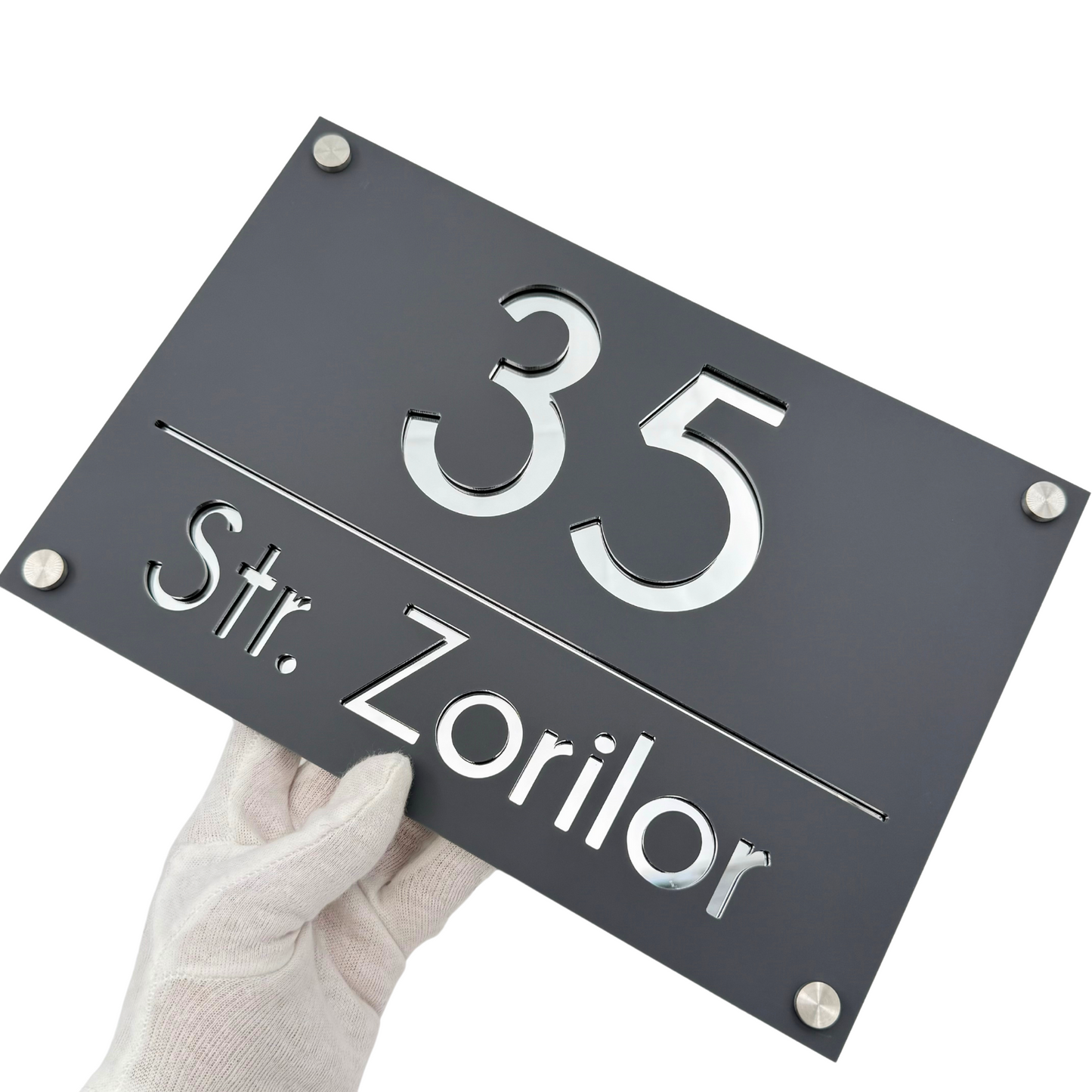 PREMIUM HOUSE NUMBER - Satin Grey Silver Mirror 4 Spacers Silver - 30×20 cm