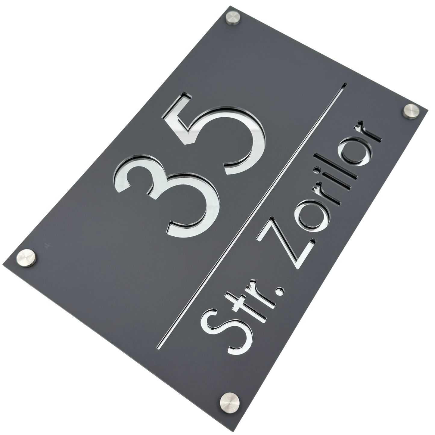 PREMIUM HOUSE NUMBER - Satin Grey Silver Mirror 4 Spacers Silver - 30×20 cm