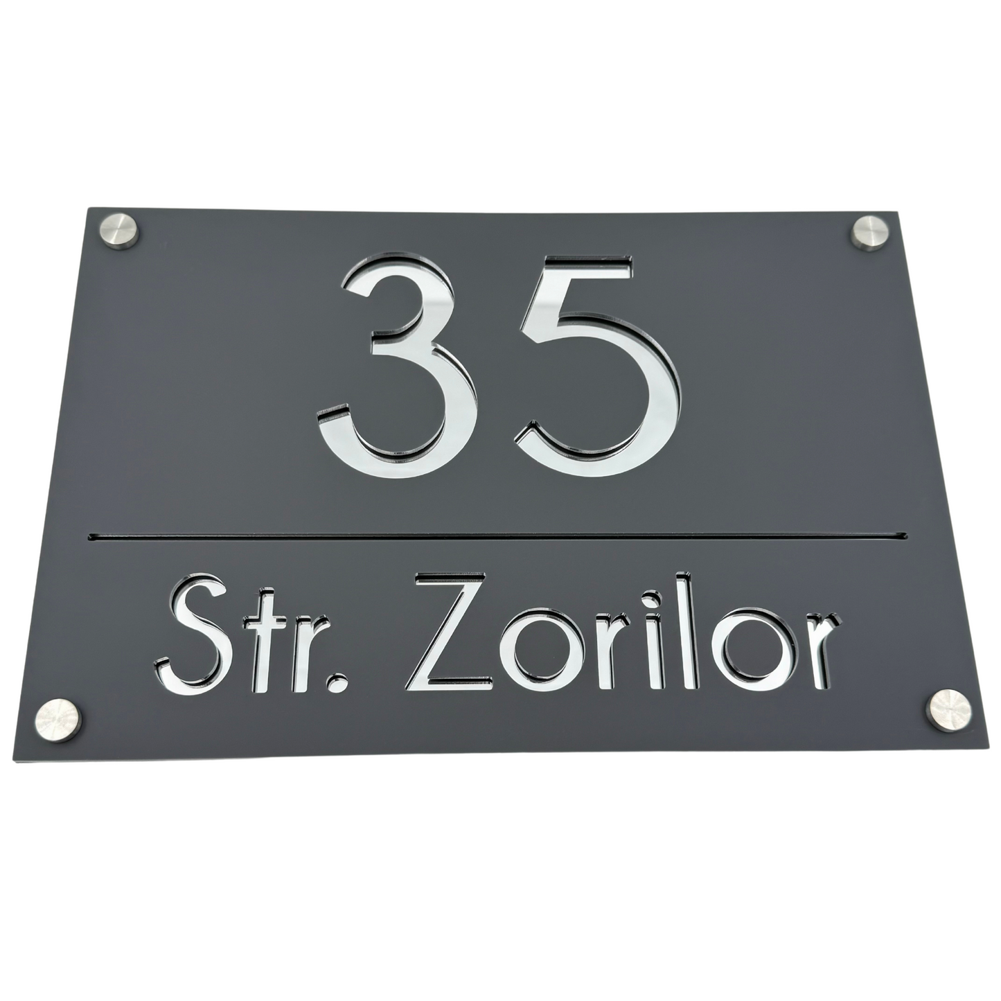 PREMIUM HOUSE NUMBER - Satin Grey Silver Mirror 4 Spacers Silver - 30×20 cm