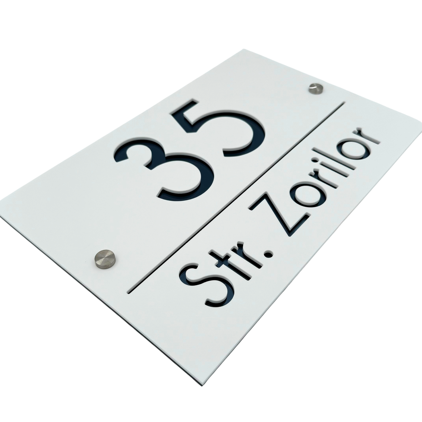 PREMIUM HOUSE NUMBER - White Satin Anthracite Grey Mirror 2 Spacers Silver - 30×20 cm