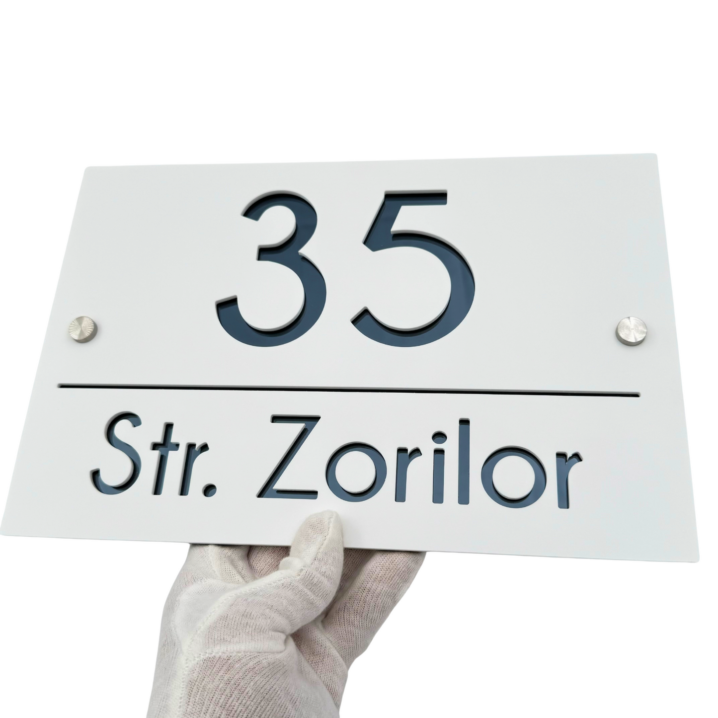 PREMIUM HOUSE NUMBER - White Satin Anthracite Grey Mirror 2 Spacers Silver - 30×20 cm