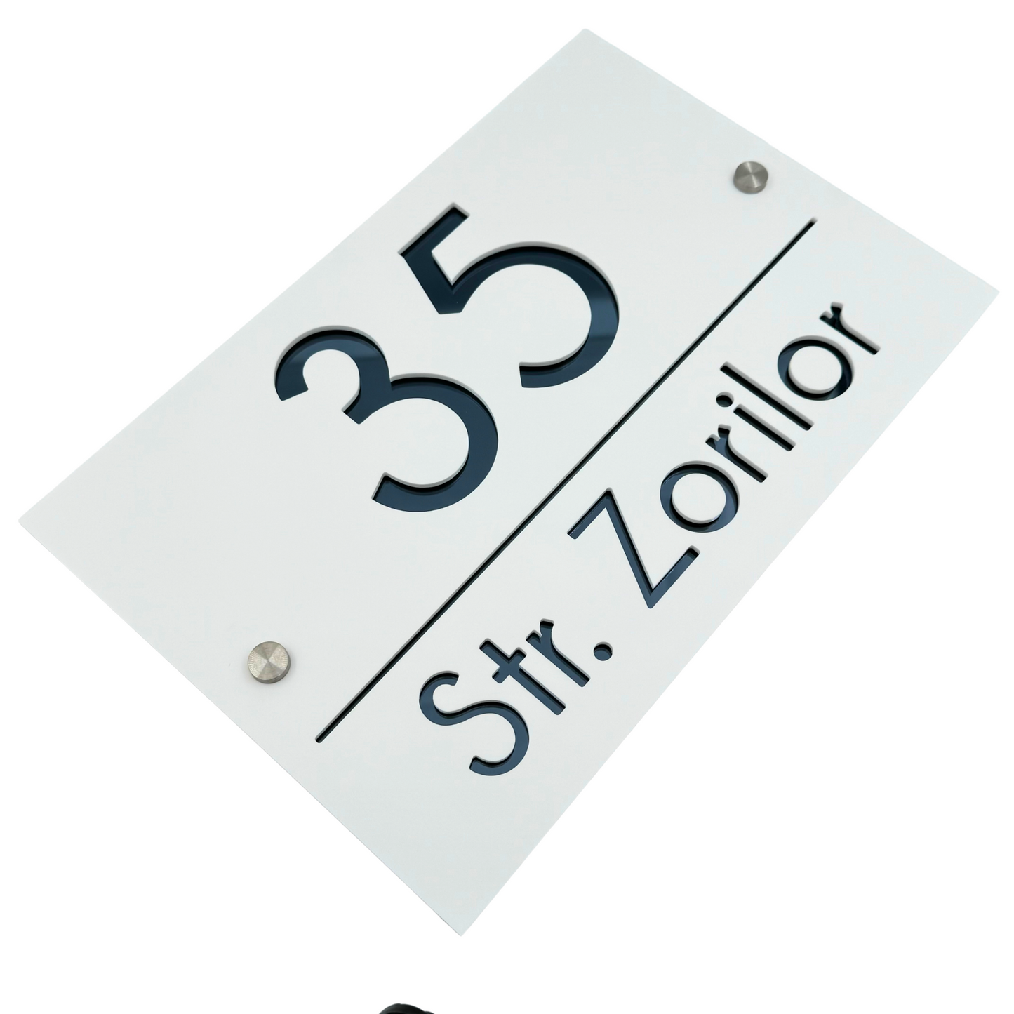 PREMIUM HOUSE NUMBER - White Satin Anthracite Grey Mirror 2 Spacers Silver - 30×20 cm