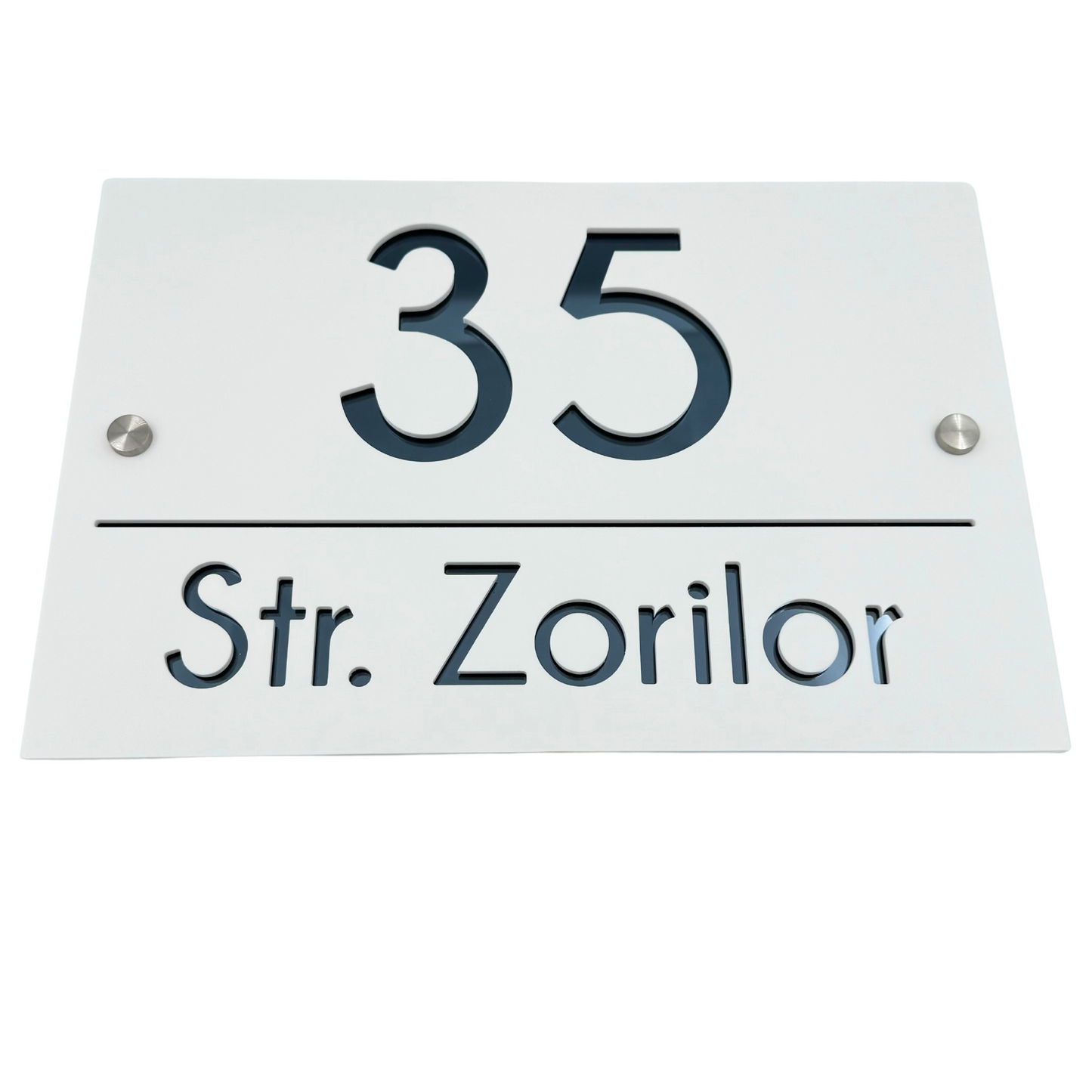 PREMIUM HOUSE NUMBER - White Satin Anthracite Grey Mirror 2 Spacers Silver - 30×20 cm