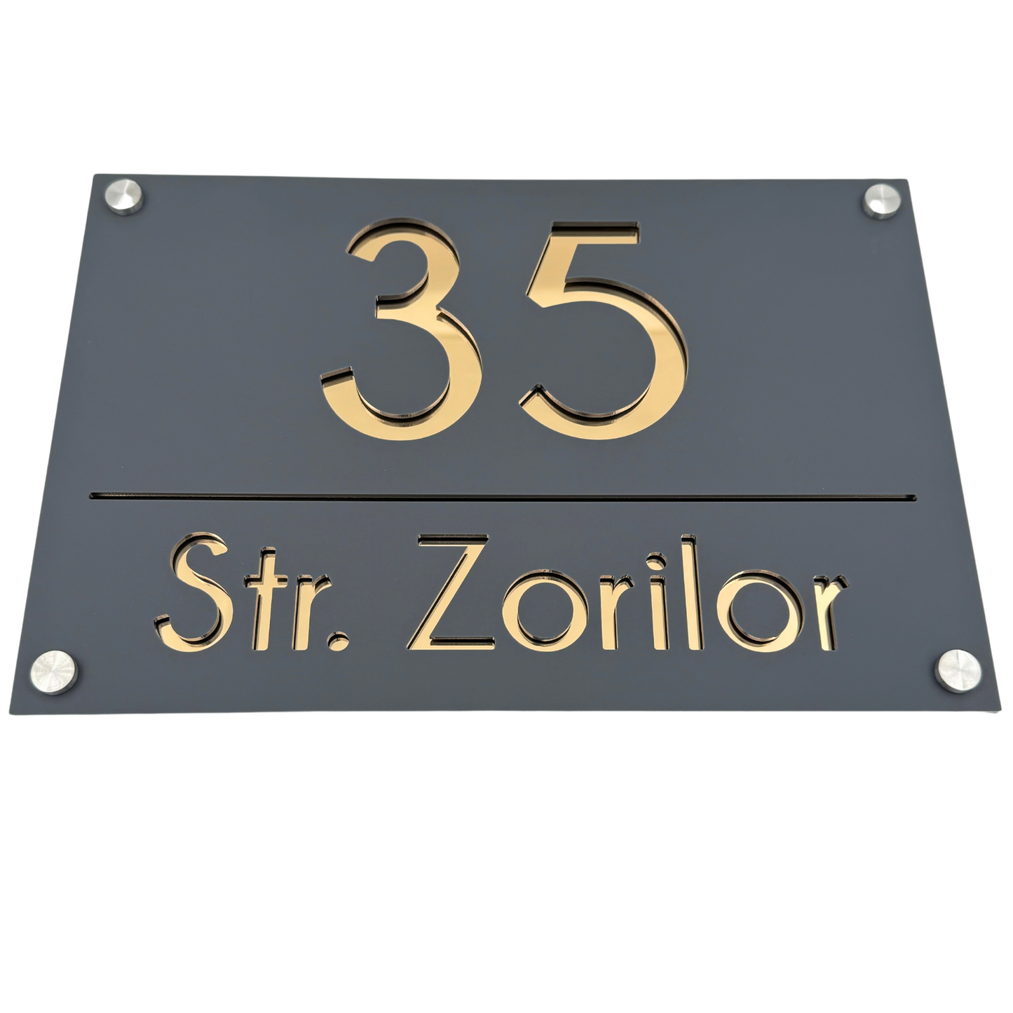 PREMIUM HOUSE NUMBER - Satin Grey Gold Mirror 4 Spacers Silver - 30×20 cm