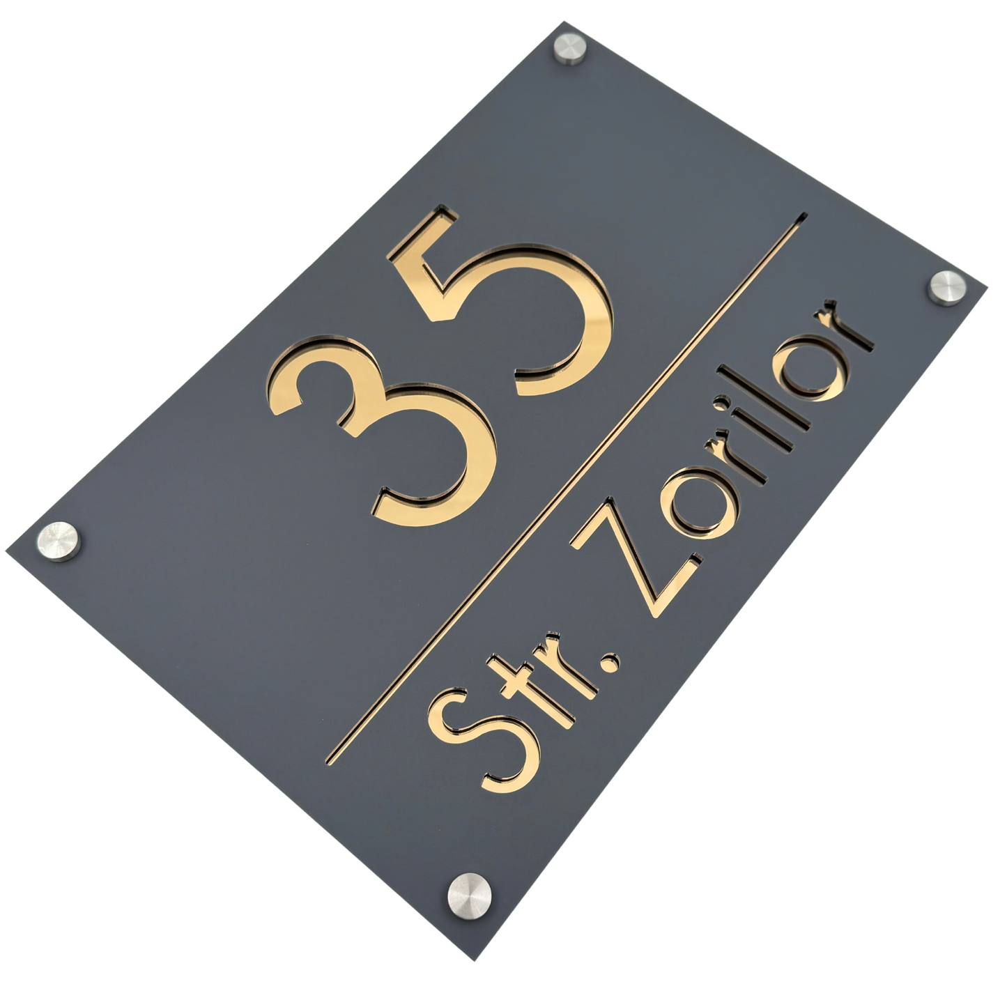 PREMIUM HOUSE NUMBER - Satin Grey Gold Mirror 4 Spacers Silver - 30×20 cm