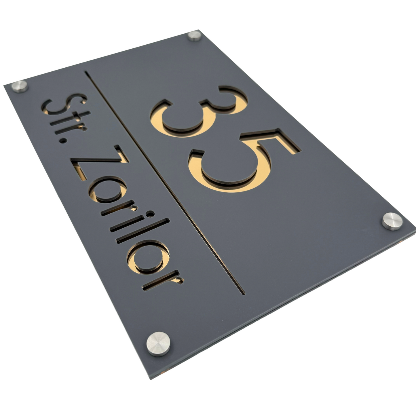 PREMIUM HOUSE NUMBER - Satin Grey Gold Mirror 4 Spacers Silver - 30×20 cm