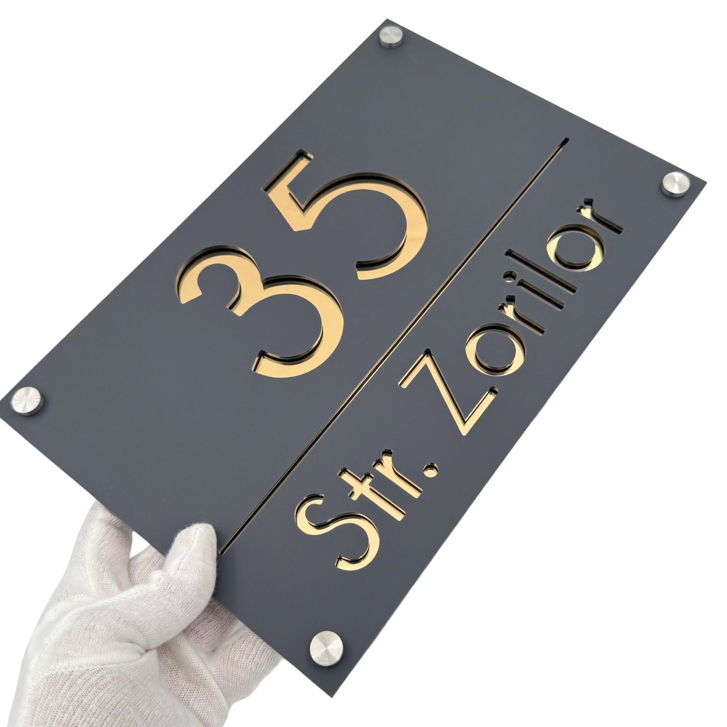PREMIUM HOUSE NUMBER - Satin Grey Gold Mirror 4 Spacers Silver - 30×20 cm