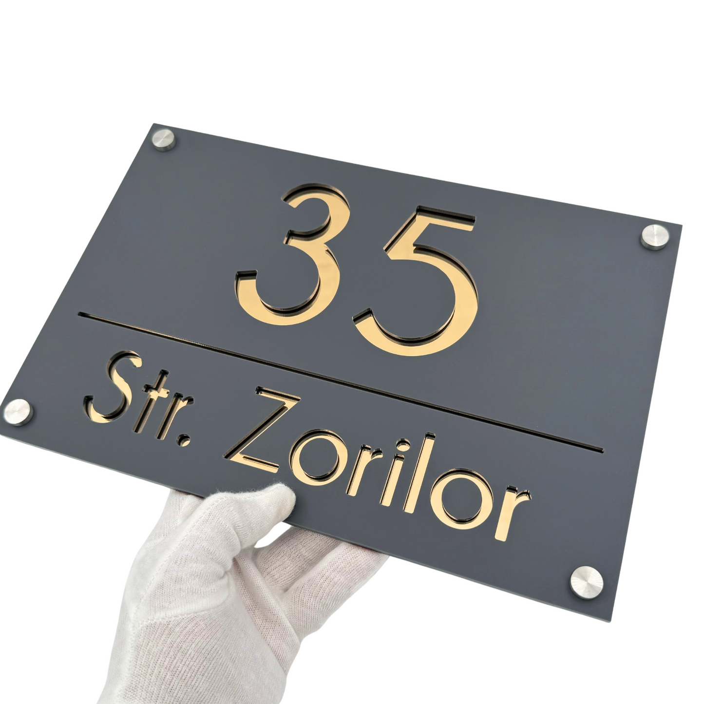 PREMIUM HOUSE NUMBER - Satin Grey Gold Mirror 4 Spacers Silver - 30×20 cm