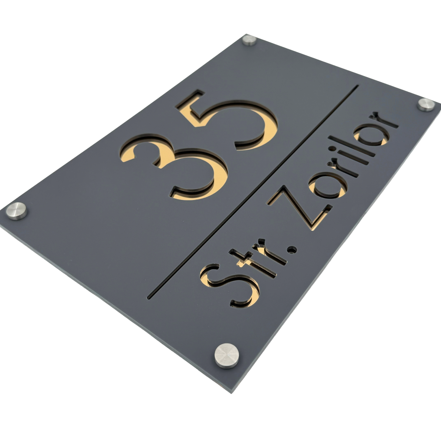 PREMIUM HOUSE NUMBER - Satin Grey Gold Mirror 4 Spacers Silver - 30×20 cm