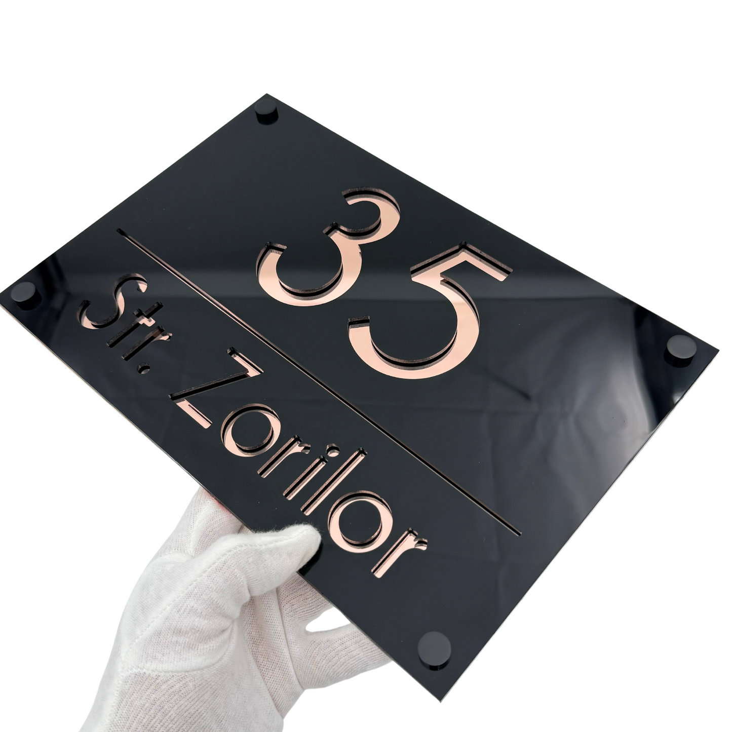 PREMIUM HOUSE NUMBER - Glossy Black Rose Gold Mirror 4 Spacers NeGreyi - 30×20 cm