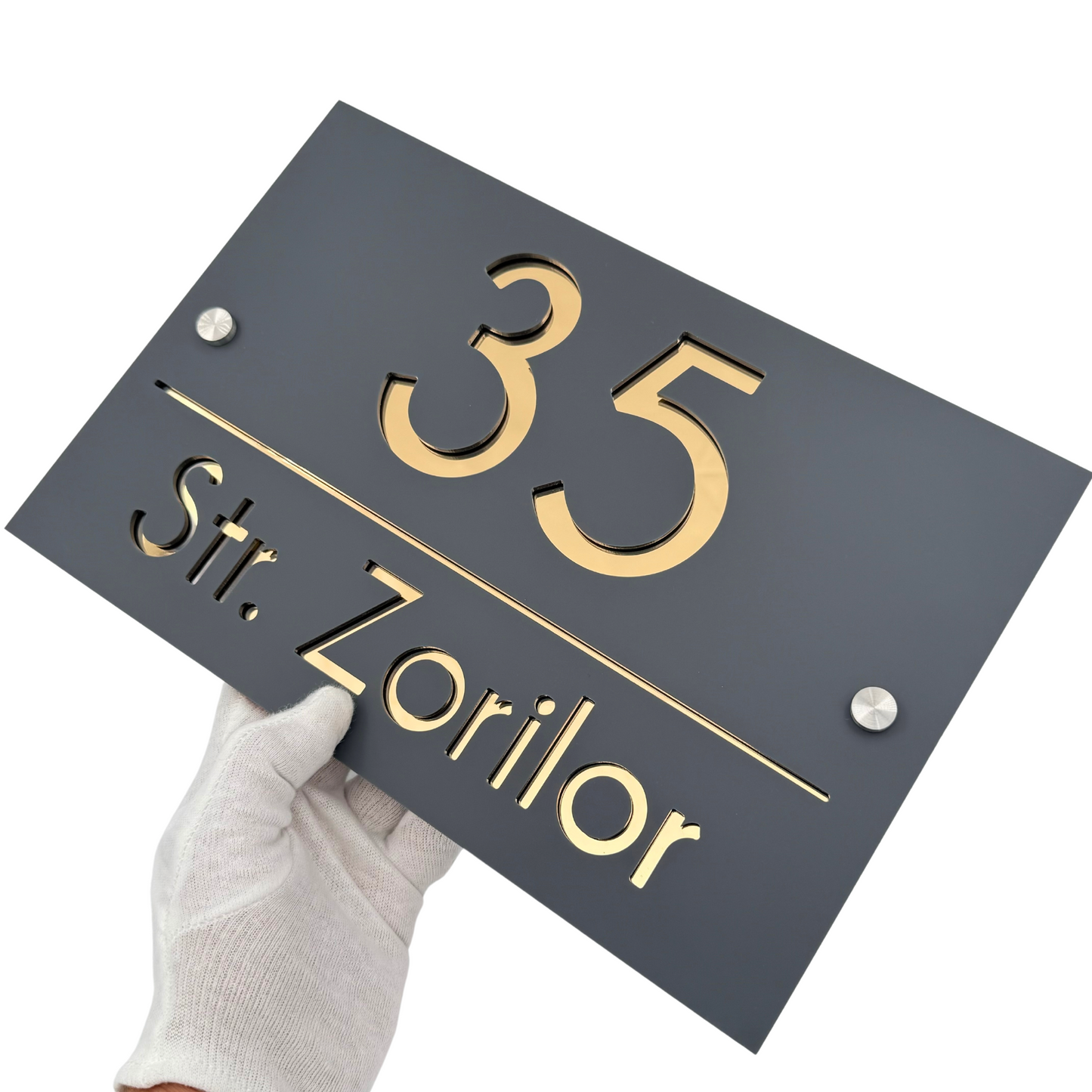 PREMIUM HOUSE NUMBER - Satin Grey Gold Mirror 2 Spacers Silver - 30×20 cm