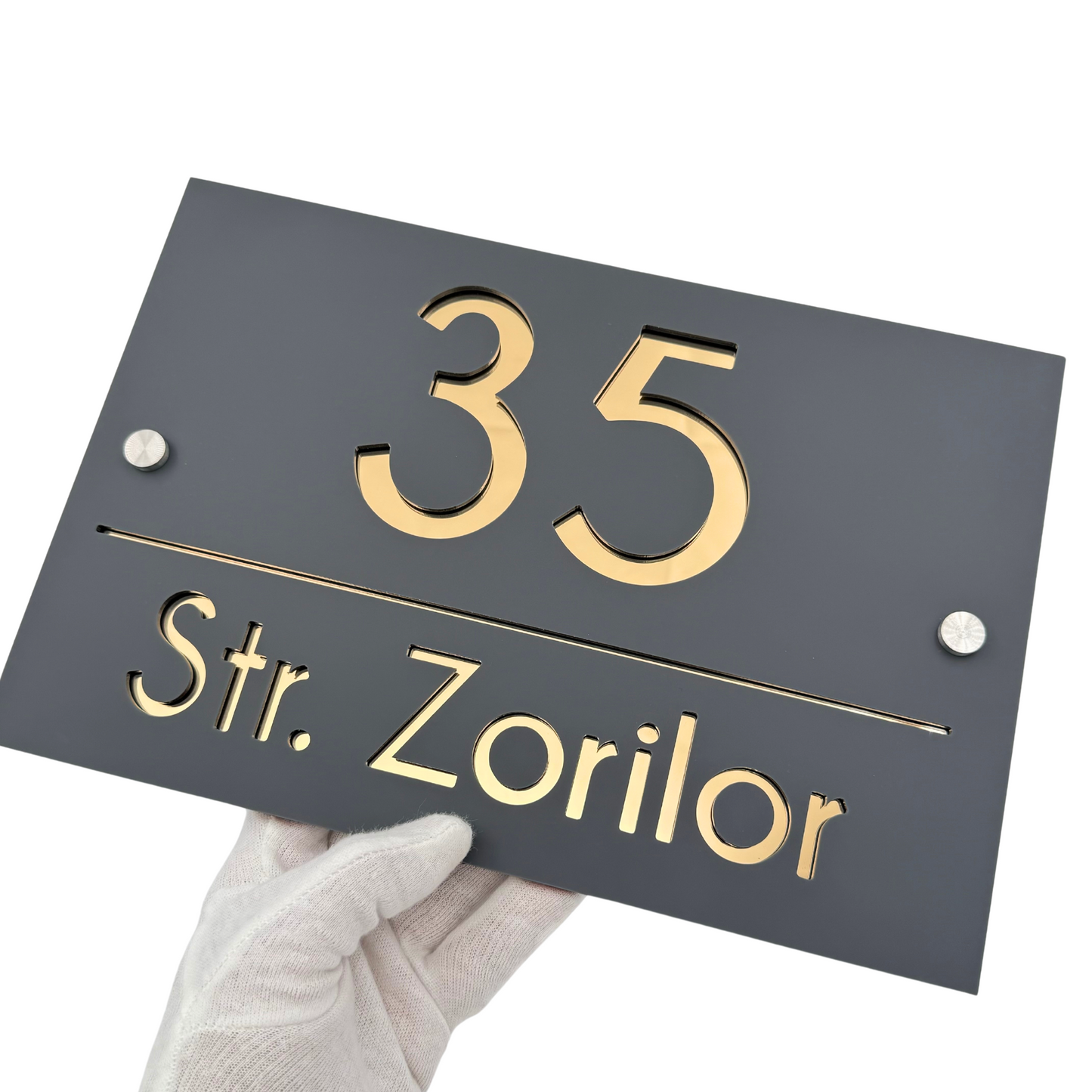 PREMIUM HOUSE NUMBER - Satin Grey Gold Mirror 2 Spacers Silver - 30×20 cm