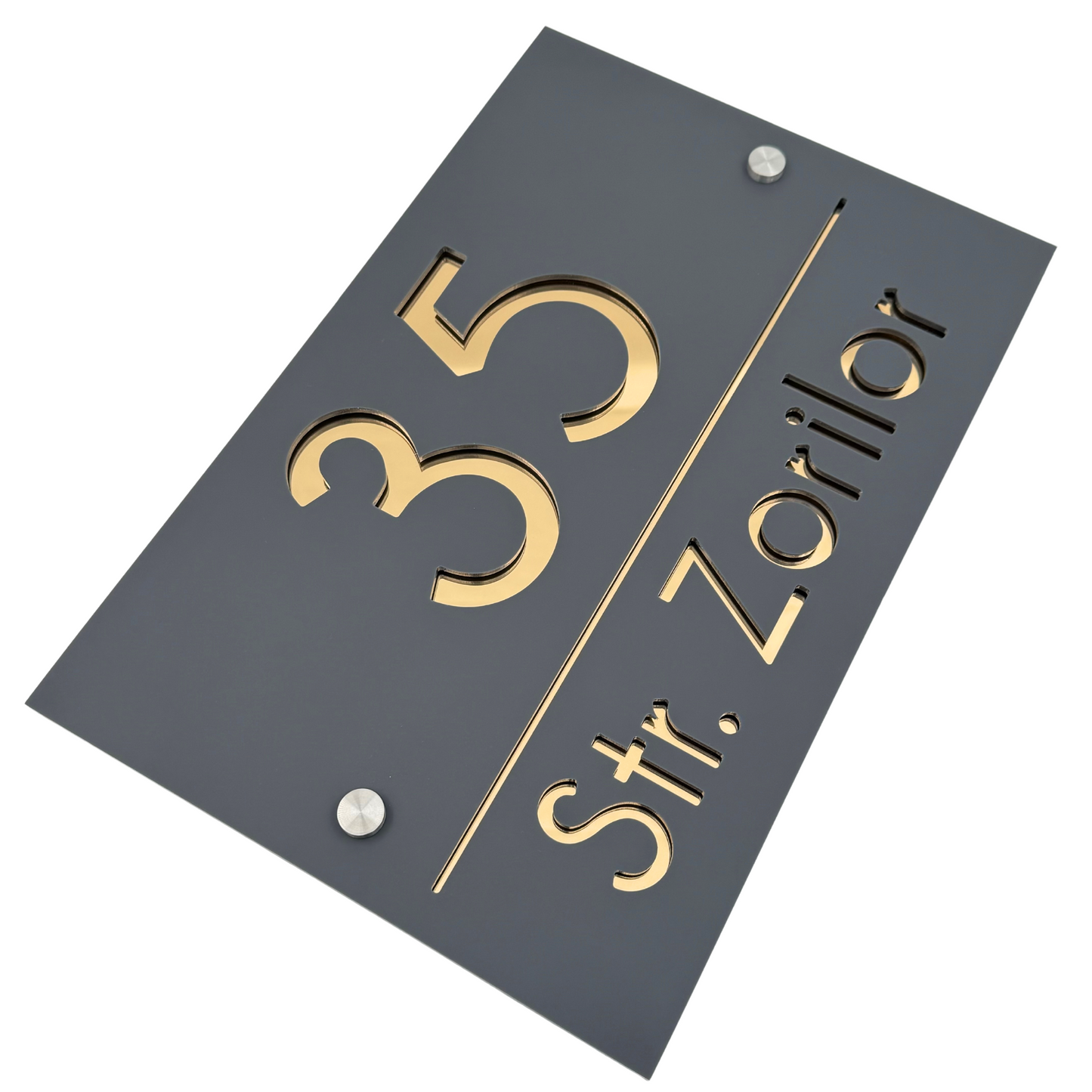PREMIUM HOUSE NUMBER - Satin Grey Gold Mirror 2 Spacers Silver - 30×20 cm