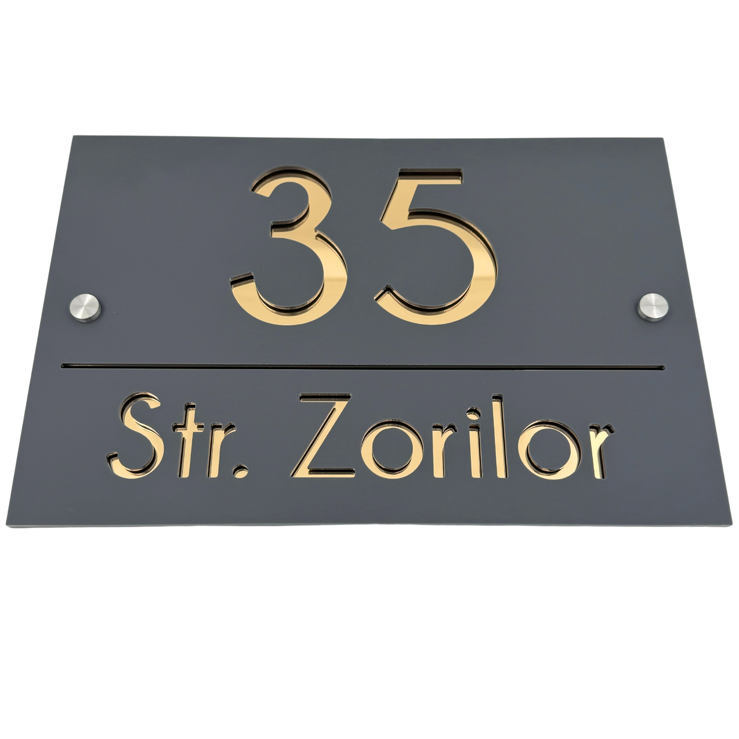 PREMIUM HOUSE NUMBER - Satin Grey Gold Mirror 2 Spacers Silver - 30×20 cm
