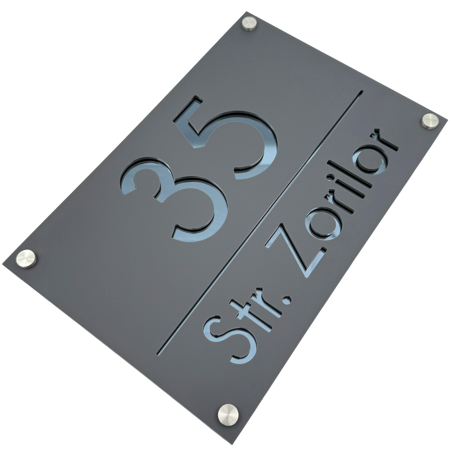 PREMIUM HOUSE NUMBER - Satin Grey Anthracite Grey Mirror 4 Spacers Silver - 30×20 cm