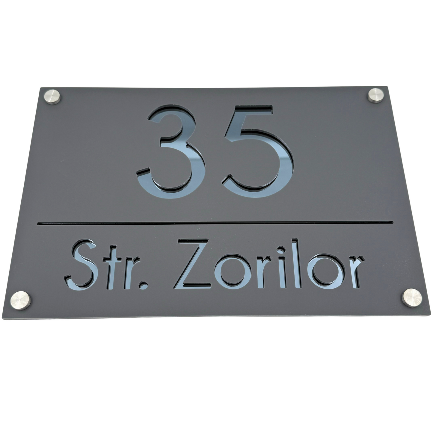 PREMIUM HOUSE NUMBER - Satin Grey Anthracite Grey Mirror 4 Spacers Silver - 30×20 cm