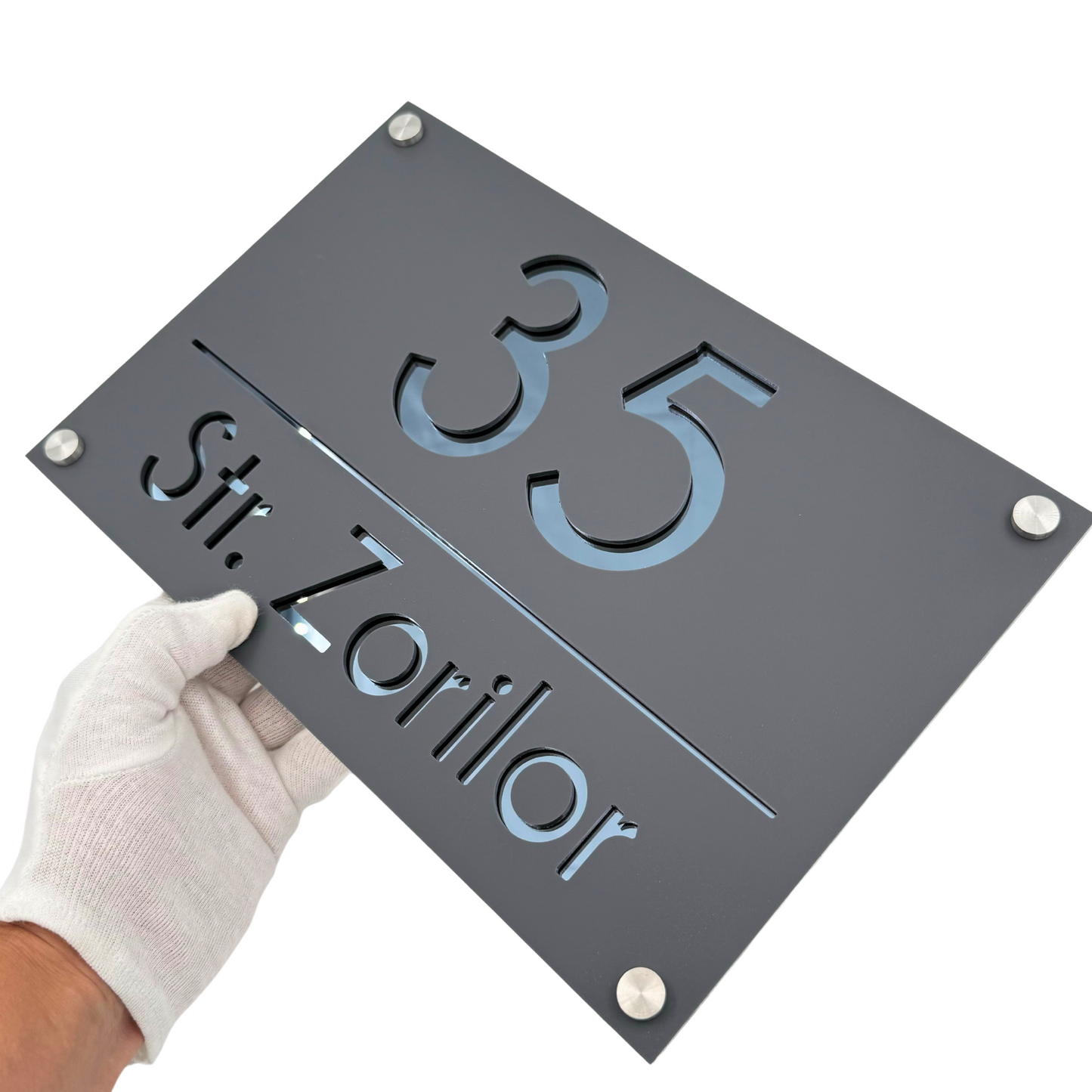 PREMIUM HOUSE NUMBER - Satin Grey Anthracite Grey Mirror 4 Spacers Silver - 30×20 cm