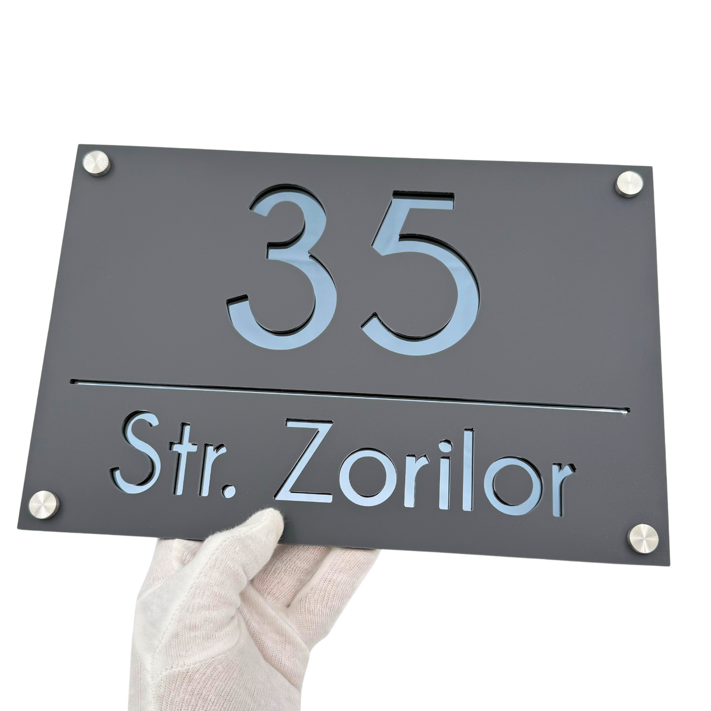 PREMIUM HOUSE NUMBER - Satin Grey Anthracite Grey Mirror 4 Spacers Silver - 30×20 cm