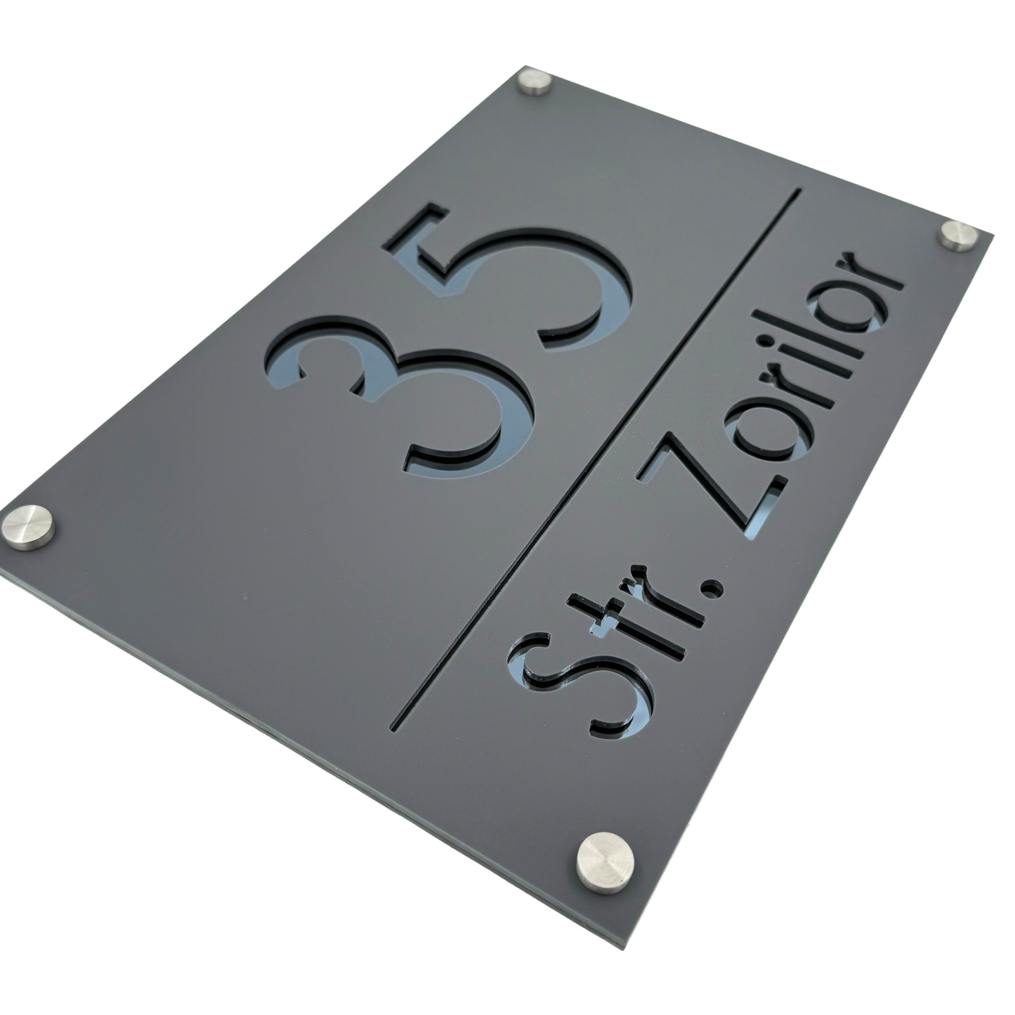 PREMIUM HOUSE NUMBER - Satin Grey Anthracite Grey Mirror 4 Spacers Silver - 30×20 cm