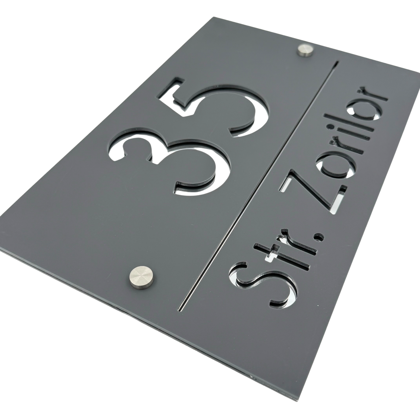PREMIUM HOUSE NUMBER - Satin Grey Silver Mirror 2 Spacers Silver - 30×20 cm