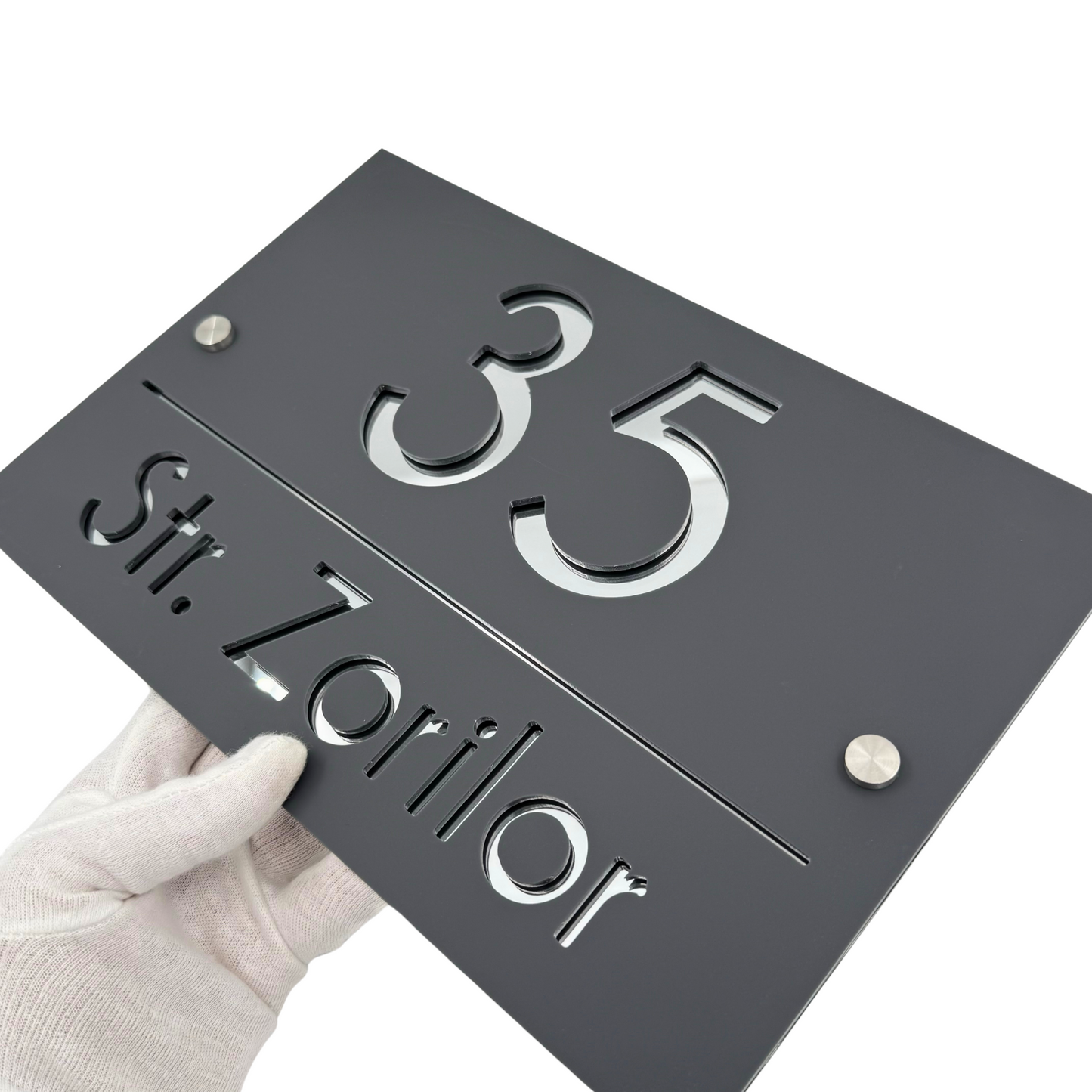 PREMIUM HOUSE NUMBER - Satin Grey Silver Mirror 2 Spacers Silver - 30×20 cm