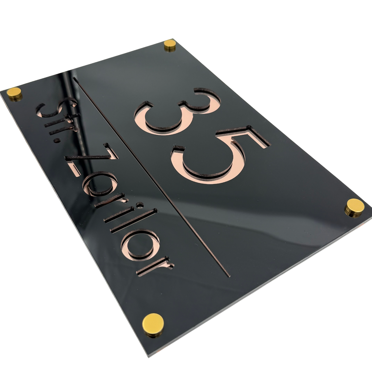 PREMIUM HOUSE NUMBER - Glossy Black Rose Gold Mirror 4 Spacers Gold - 30×20 cm