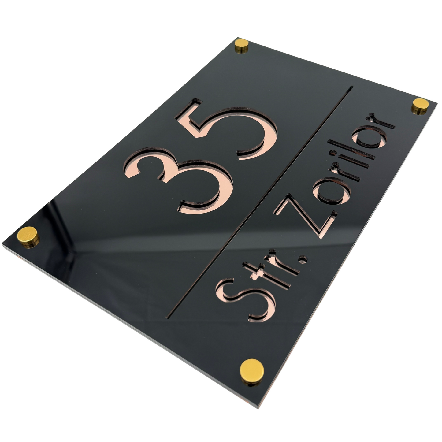 PREMIUM HOUSE NUMBER - Glossy Black Rose Gold Mirror 4 Spacers Gold - 30×20 cm