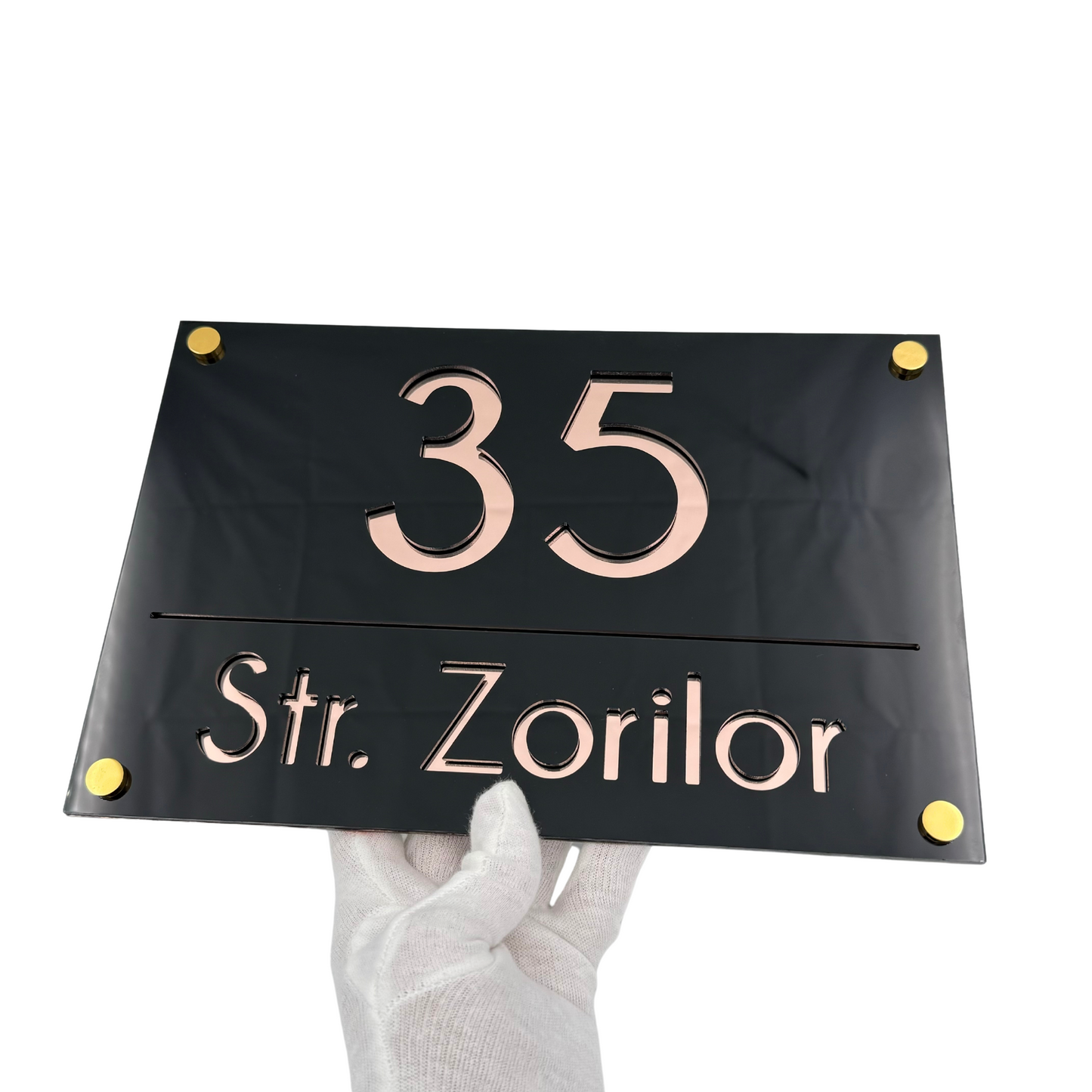 PREMIUM HOUSE NUMBER - Glossy Black Rose Gold Mirror 4 Spacers Gold - 30×20 cm
