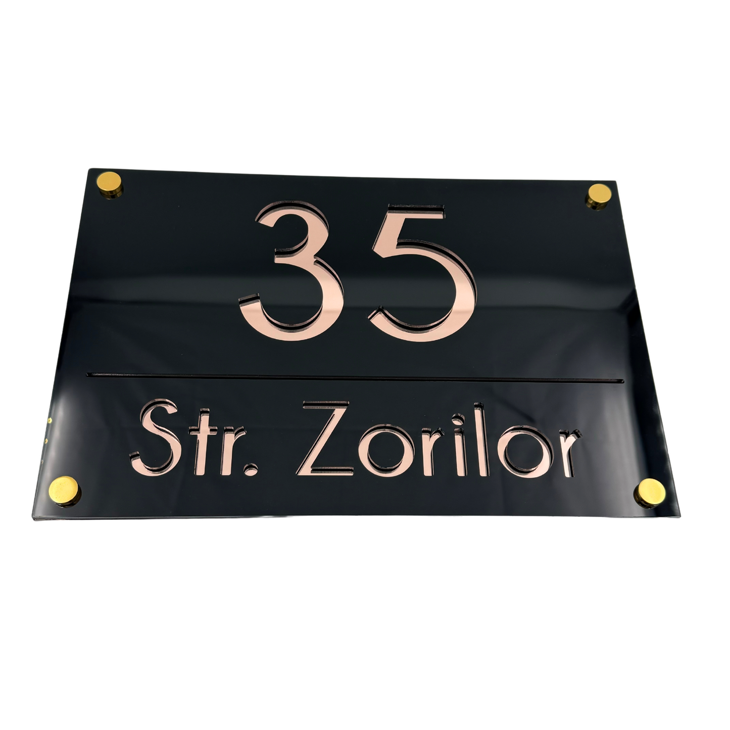 PREMIUM HOUSE NUMBER - Glossy Black Rose Gold Mirror 4 Spacers Gold - 30×20 cm