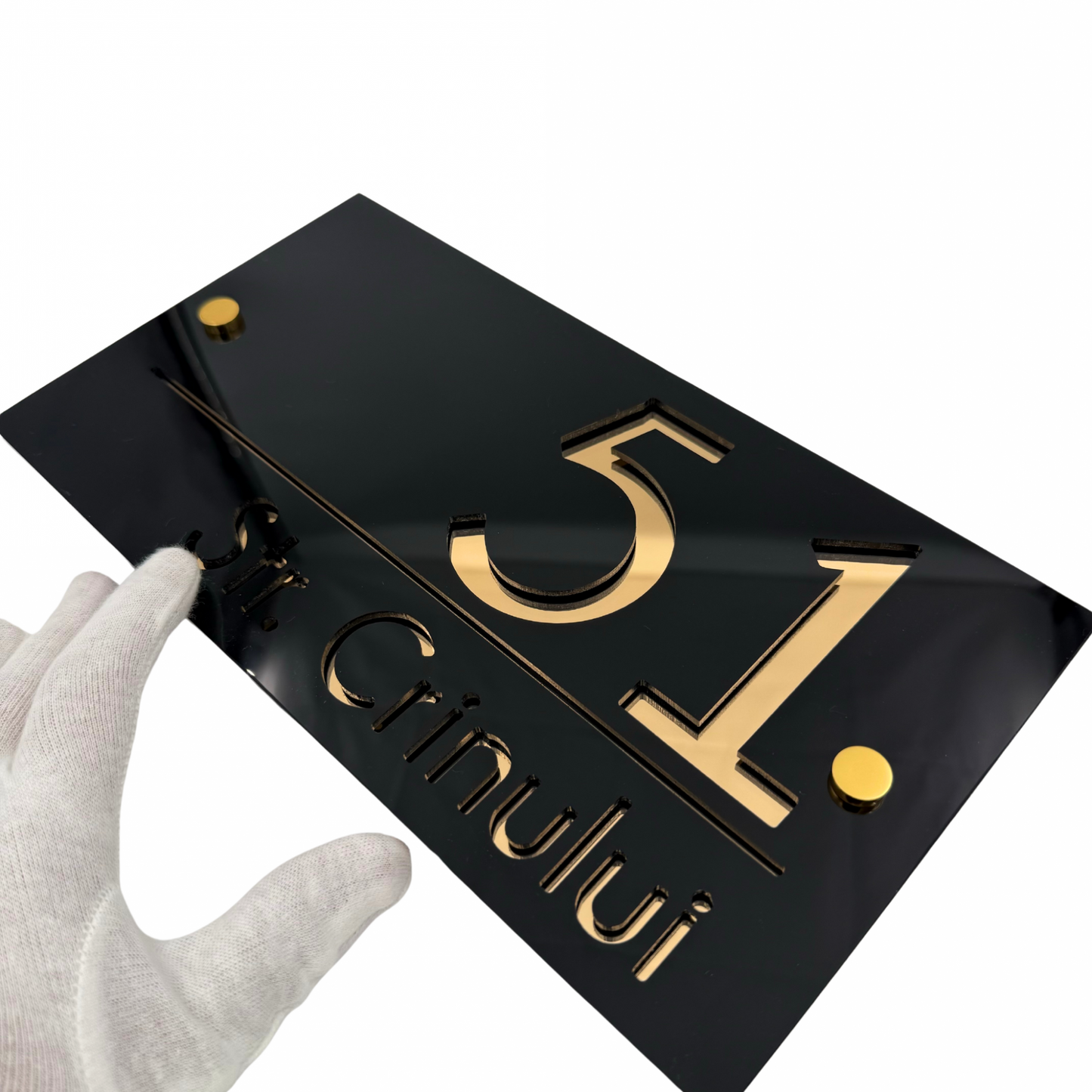 PREMIUM HOUSE NUMBER - Glossy Black Gold Mirror 2 Spacers Gold - 28×15 cm