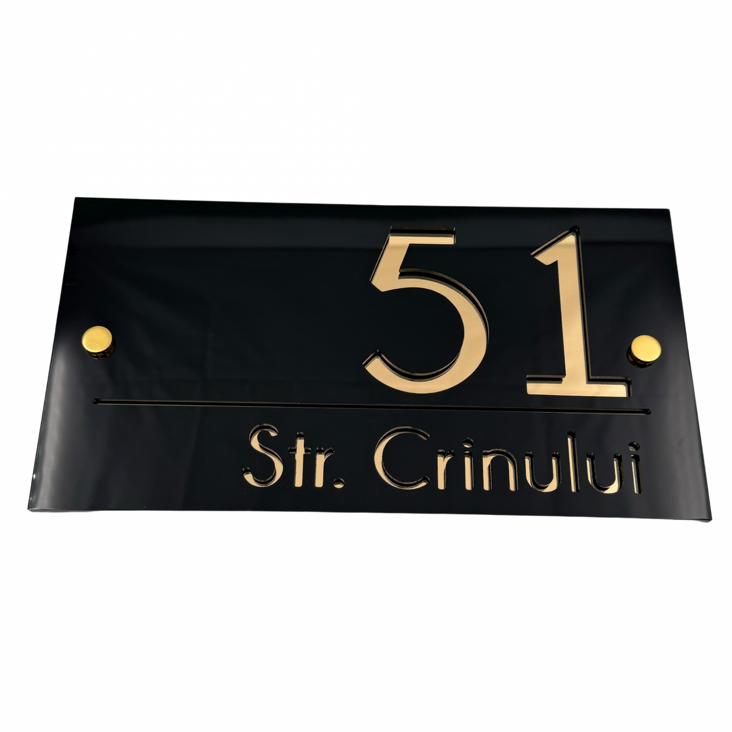 PREMIUM HOUSE NUMBER - Glossy Black Gold Mirror 2 Spacers Gold - 28×15 cm