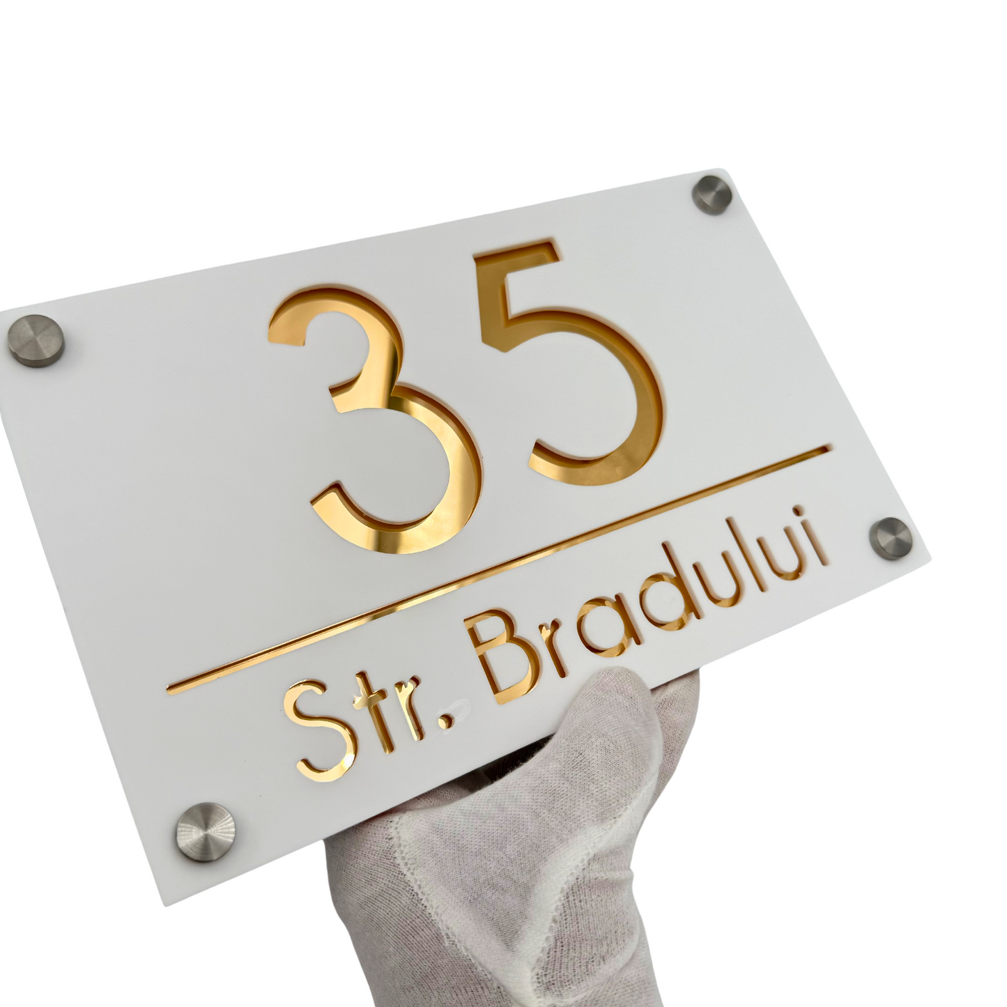 PREMIUM HOUSE NUMBER - White Satin Gold Mirror 4 Spacers Silver - 24×15 cm