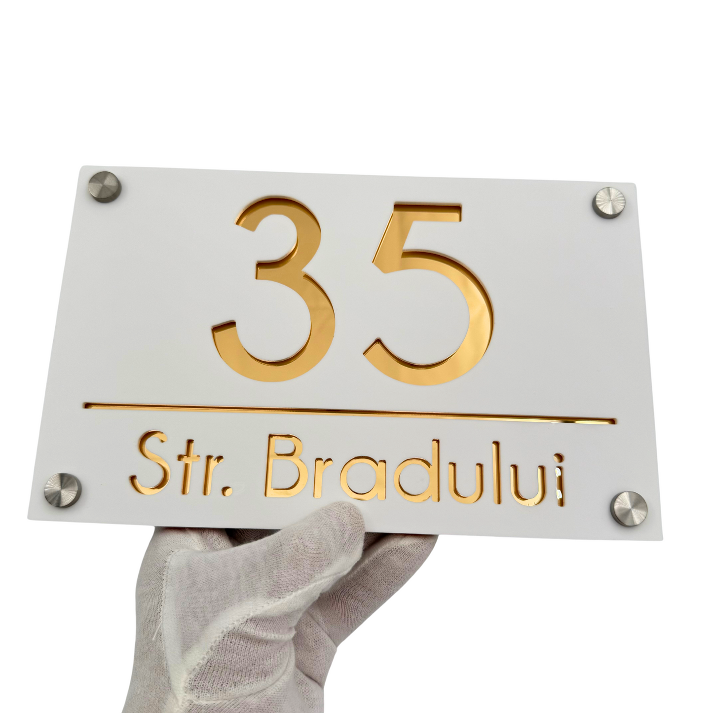 PREMIUM HOUSE NUMBER - White Satin Gold Mirror 4 Spacers Silver - 24×15 cm
