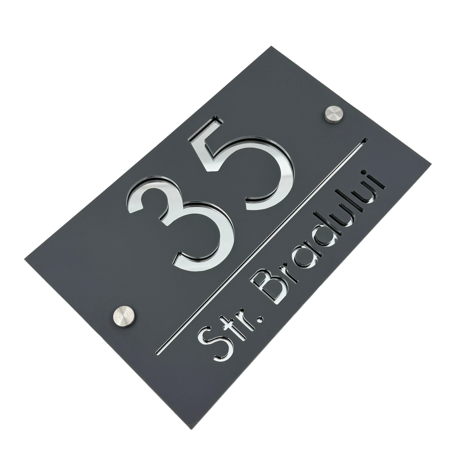 PREMIUM HOUSE NUMBER - Satin Grey Silver Mirror 2 Spacers Silver - 24×15 cm