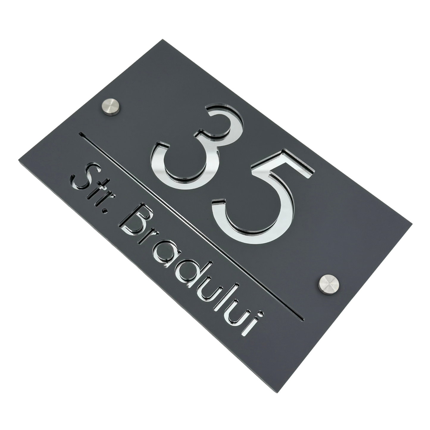 PREMIUM HOUSE NUMBER - Satin Grey Silver Mirror 2 Spacers Silver - 24×15 cm