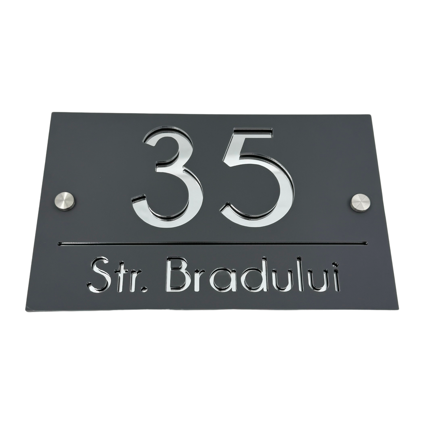 PREMIUM HOUSE NUMBER - Satin Grey Silver Mirror 2 Spacers Silver - 24×15 cm