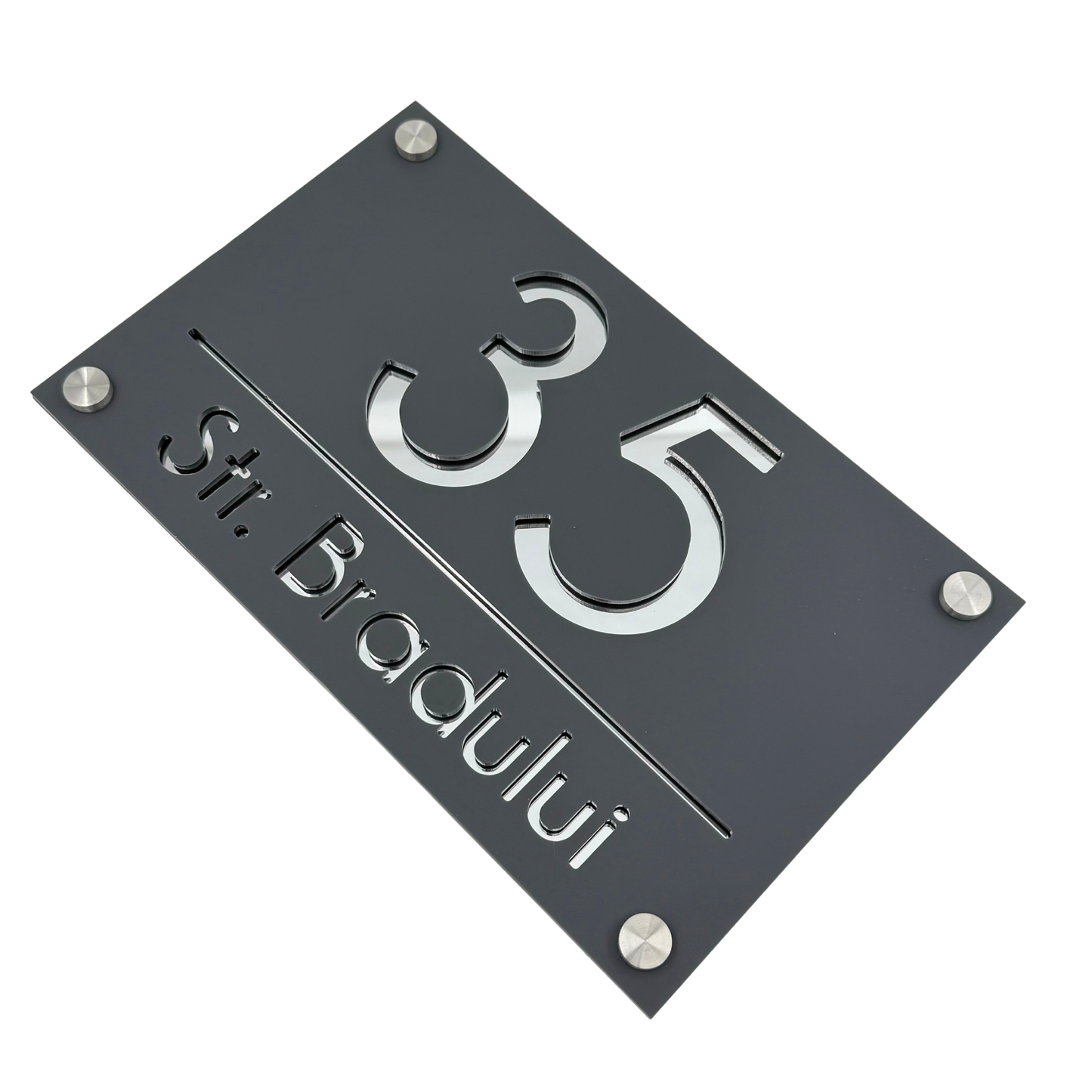 PREMIUM HOUSE NUMBER - Satin Grey Silver Mirror 4 Spacers Silver - 24×15 cm