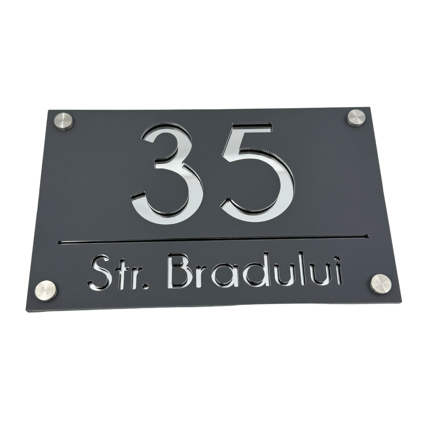 PREMIUM HOUSE NUMBER - Satin Grey Silver Mirror 4 Spacers Silver - 24×15 cm