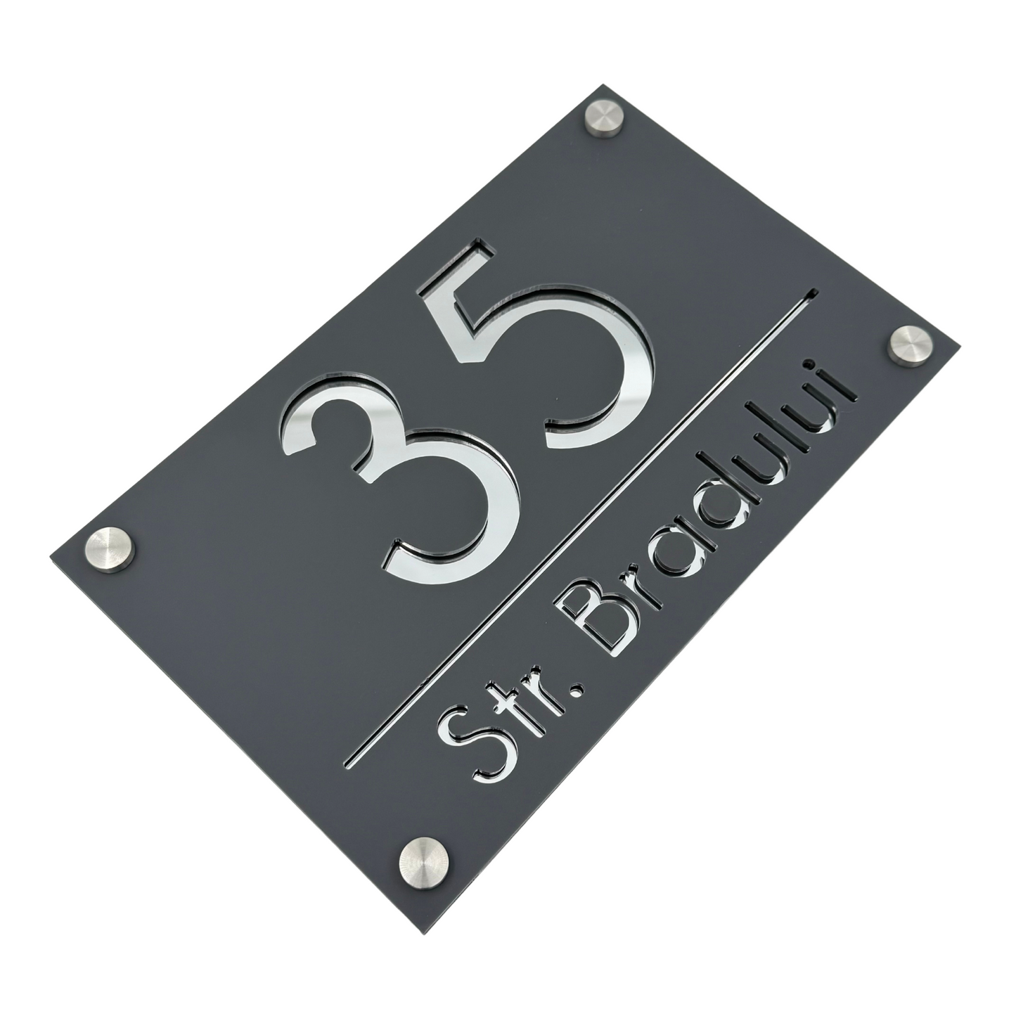 PREMIUM HOUSE NUMBER - Satin Grey Silver Mirror 4 Spacers Silver - 24×15 cm
