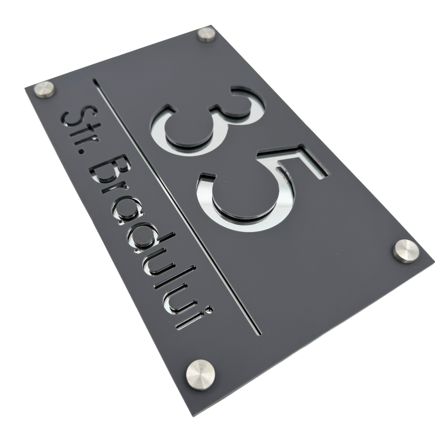 PREMIUM HOUSE NUMBER - Satin Grey Silver Mirror 4 Spacers Silver - 24×15 cm