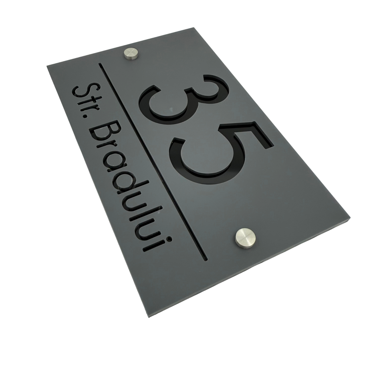 PREMIUM HOUSE NUMBER - Satin Grey Glossy Black 2 Spacers Silver - 24×15 cm
