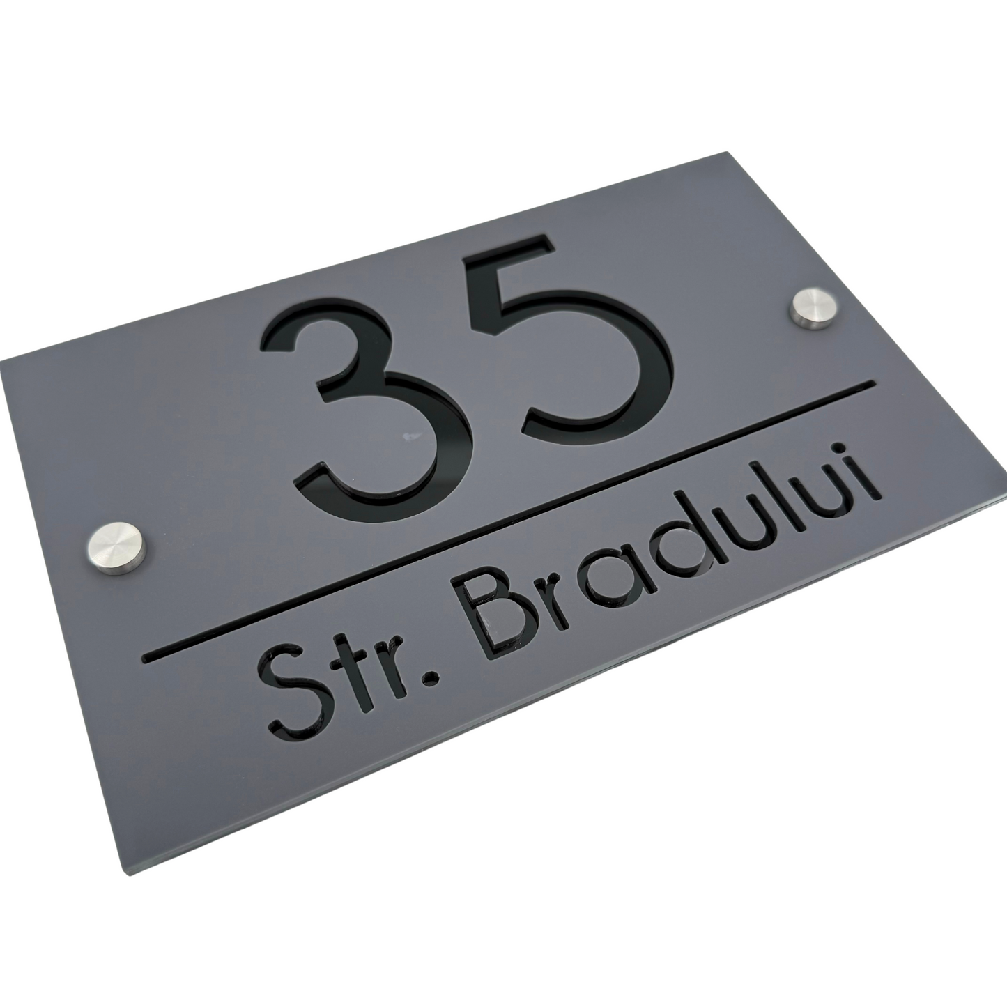 PREMIUM HOUSE NUMBER - Satin Grey Glossy Black 2 Spacers Silver - 24×15 cm