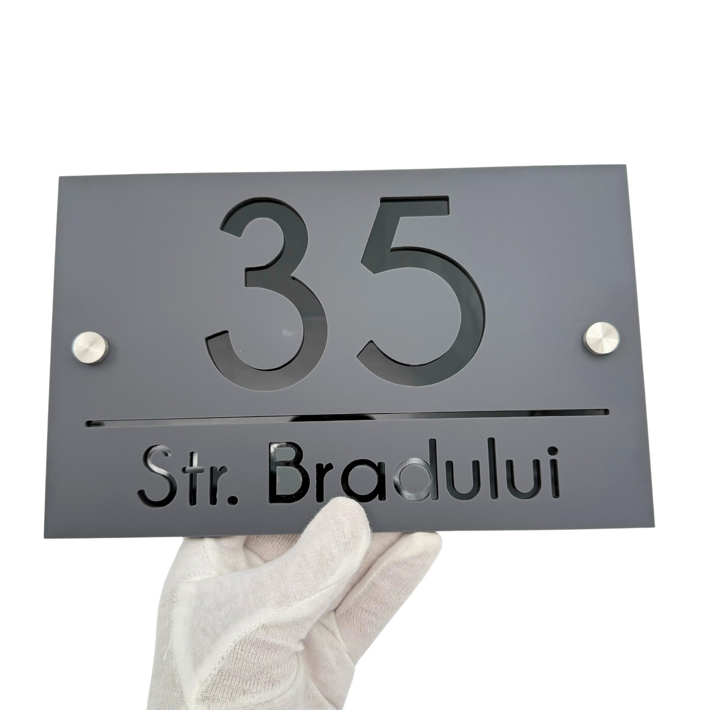 PREMIUM HOUSE NUMBER - Satin Grey Glossy Black 2 Spacers Silver - 24×15 cm