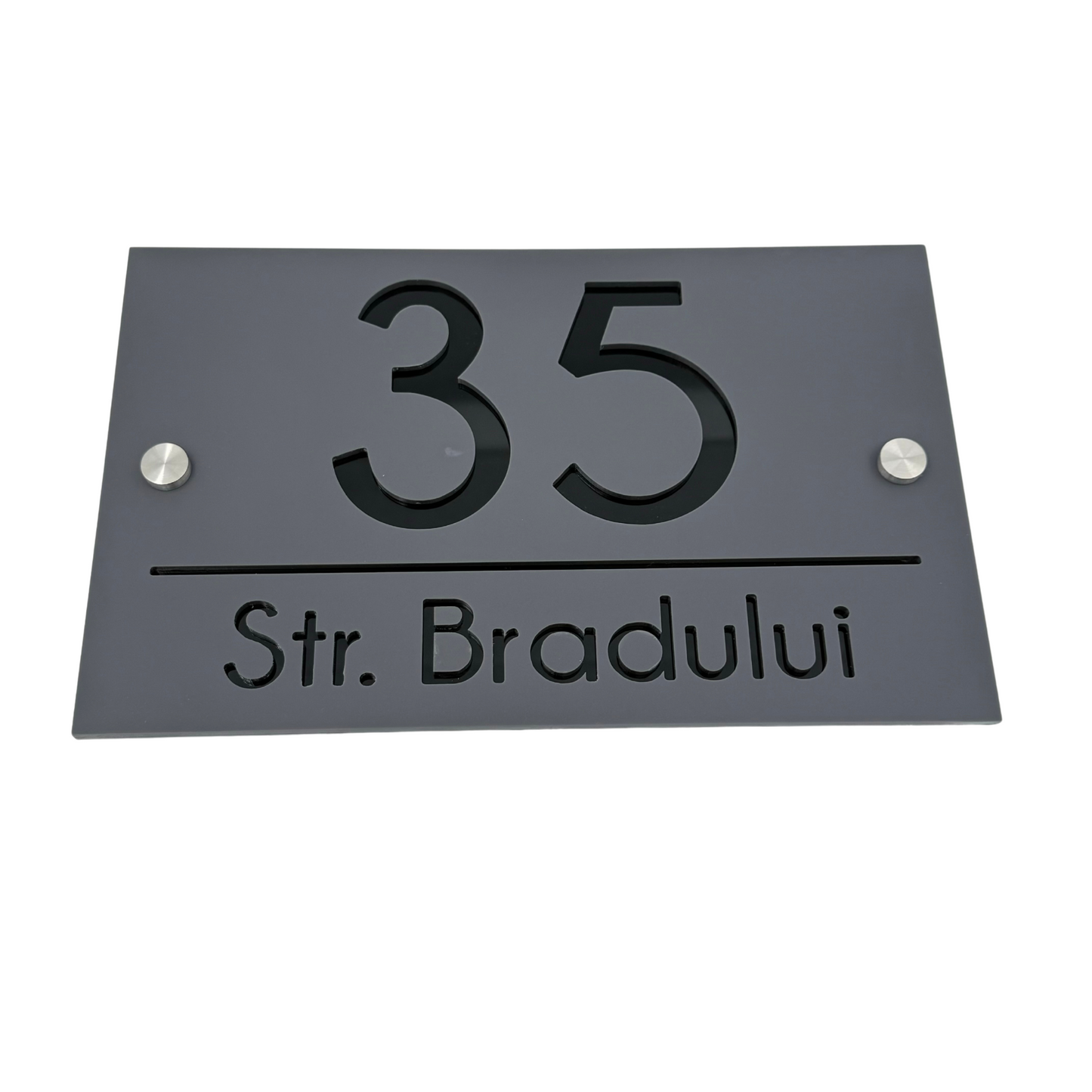PREMIUM HOUSE NUMBER - Satin Grey Glossy Black 2 Spacers Silver - 24×15 cm