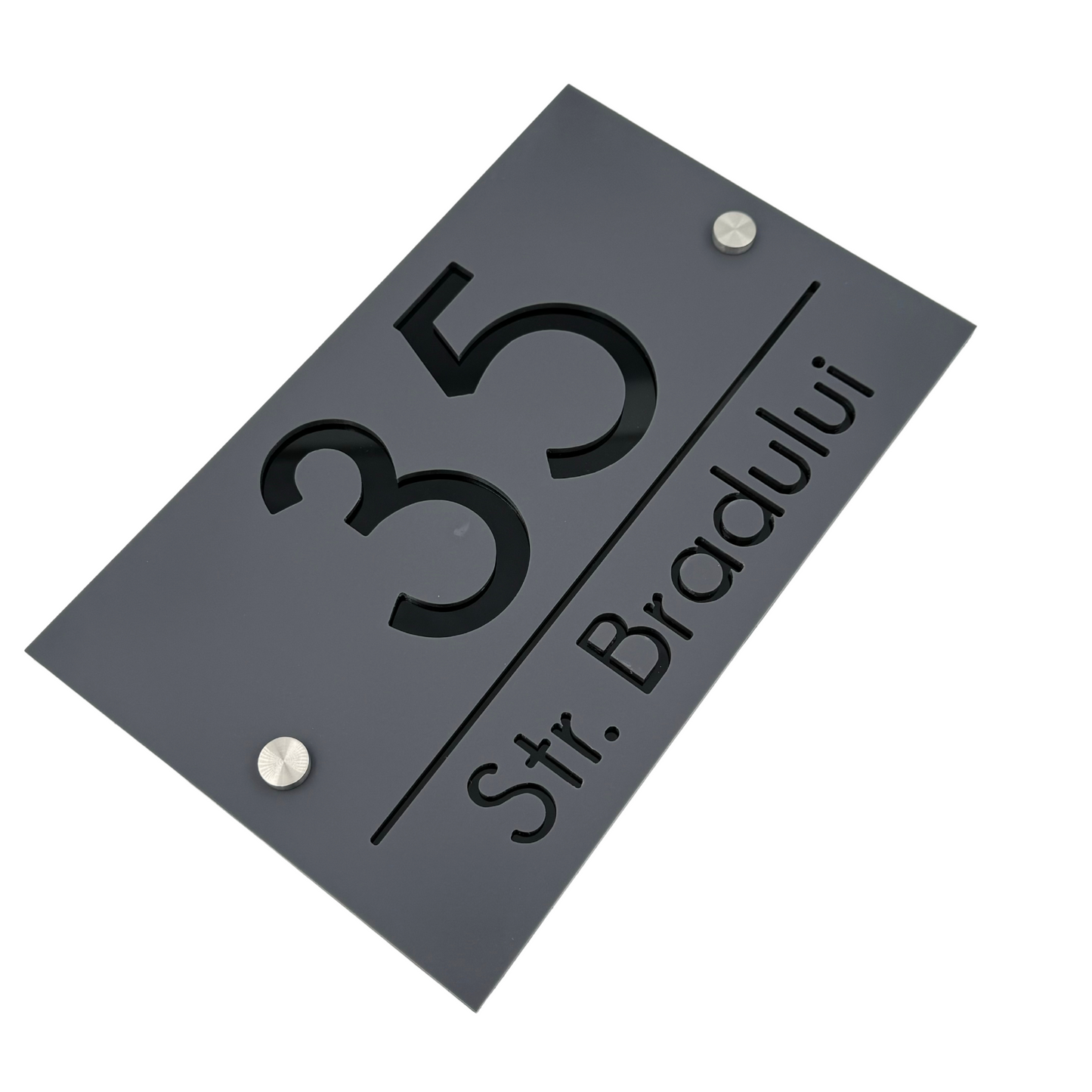 PREMIUM HOUSE NUMBER - Satin Grey Glossy Black 2 Spacers Silver - 24×15 cm