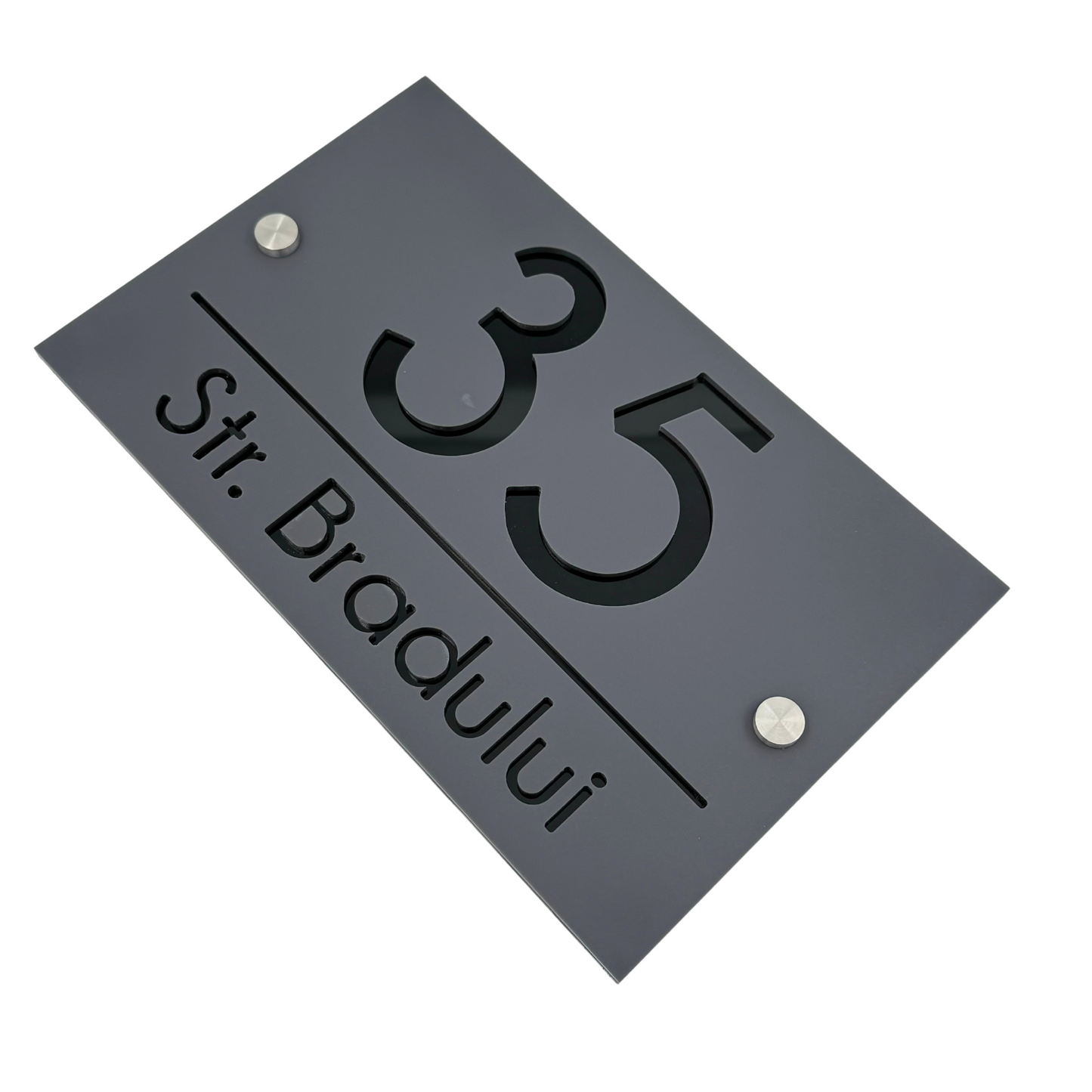 PREMIUM HOUSE NUMBER - Satin Grey Glossy Black 2 Spacers Silver - 24×15 cm