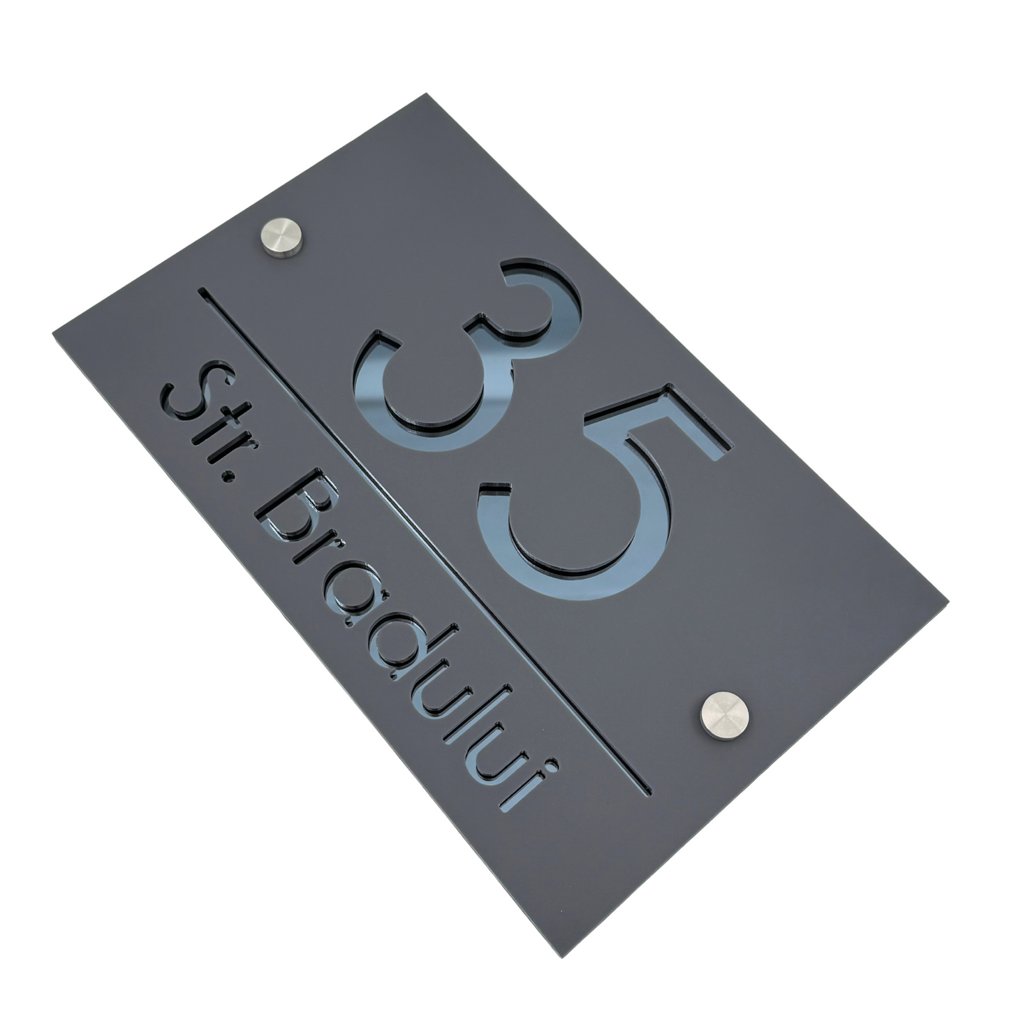 PREMIUM HOUSE NUMBER - Satin Grey Anthracite Grey Mirror 2 Spacers Silver - 24×15 cm