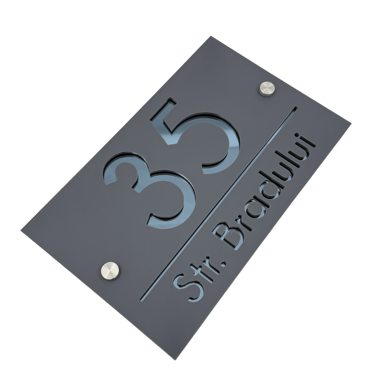 PREMIUM HOUSE NUMBER - Satin Grey Anthracite Grey Mirror 2 Spacers Silver - 24×15 cm
